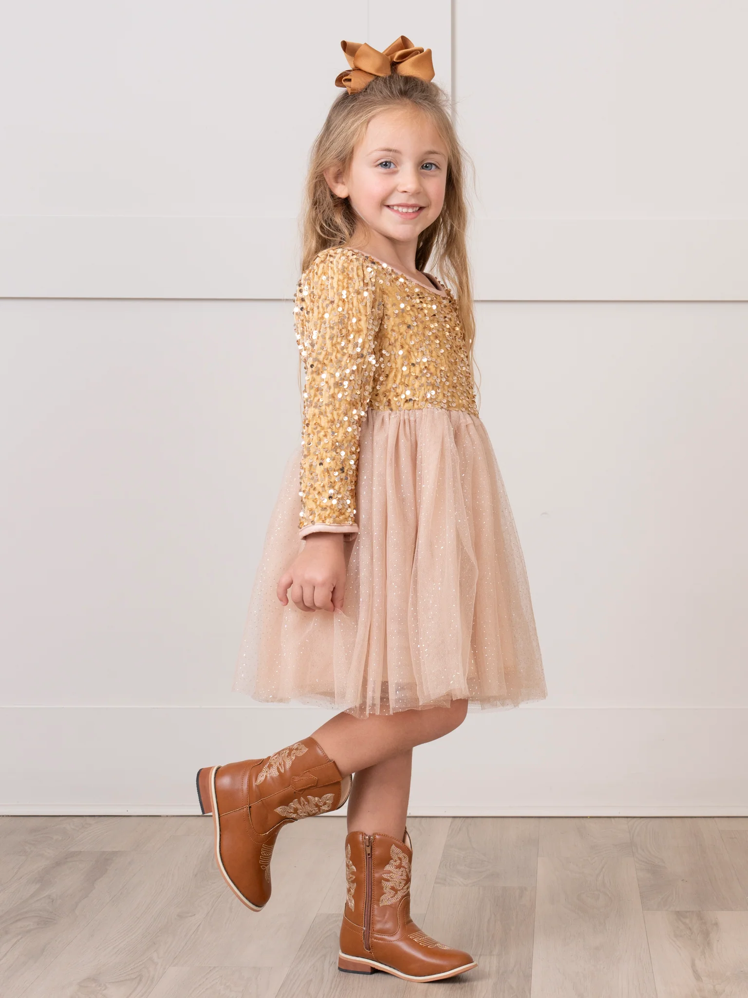 Gold Sparkle Party Long Sleeve Tulle Dress - Image 5