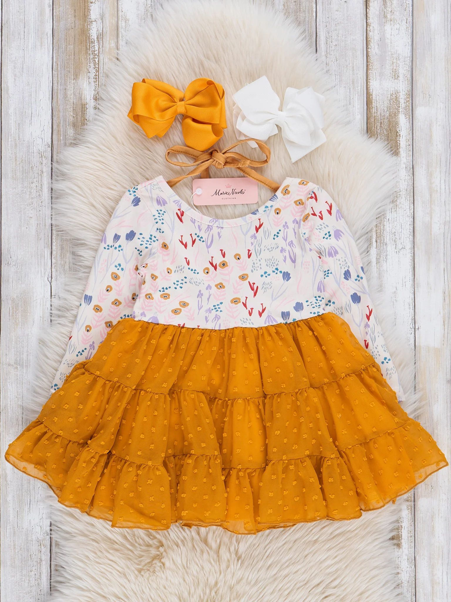 Golden Floral Swiss Dot Dress