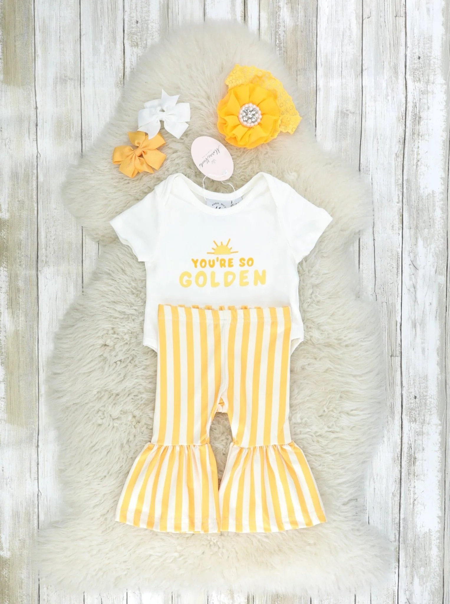 "Golden" Onesie & Striped Bell Bottoms Outfit - Image 2