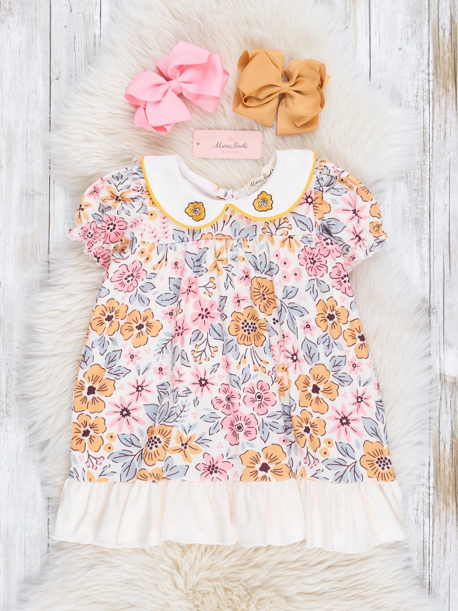 Golden Retro Florals Ruffle Dress