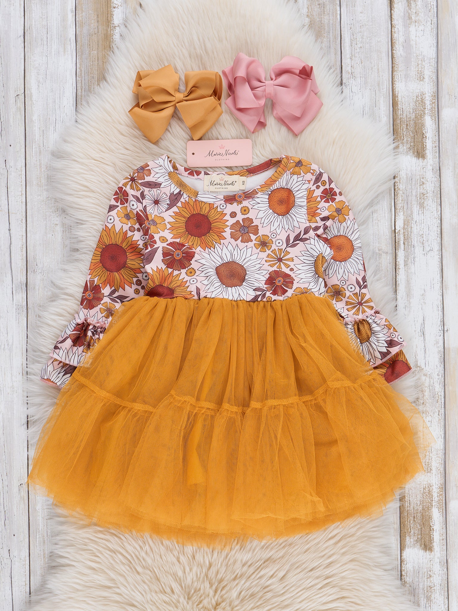 Golden Sunflowers Bell Sleeve Tulle Dress - Image 2