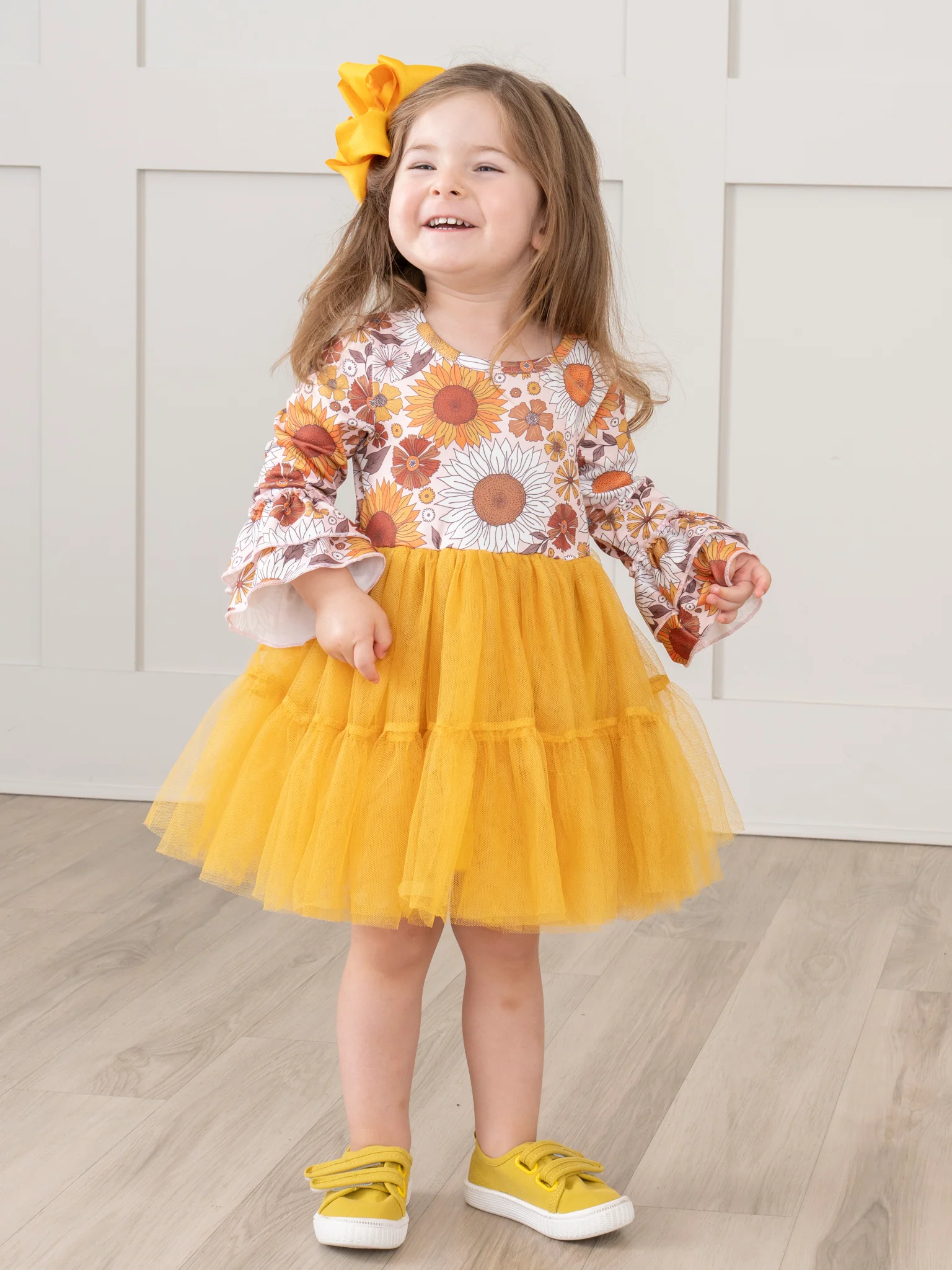Golden Sunflowers Bell Sleeve Tulle Dress - Image 3