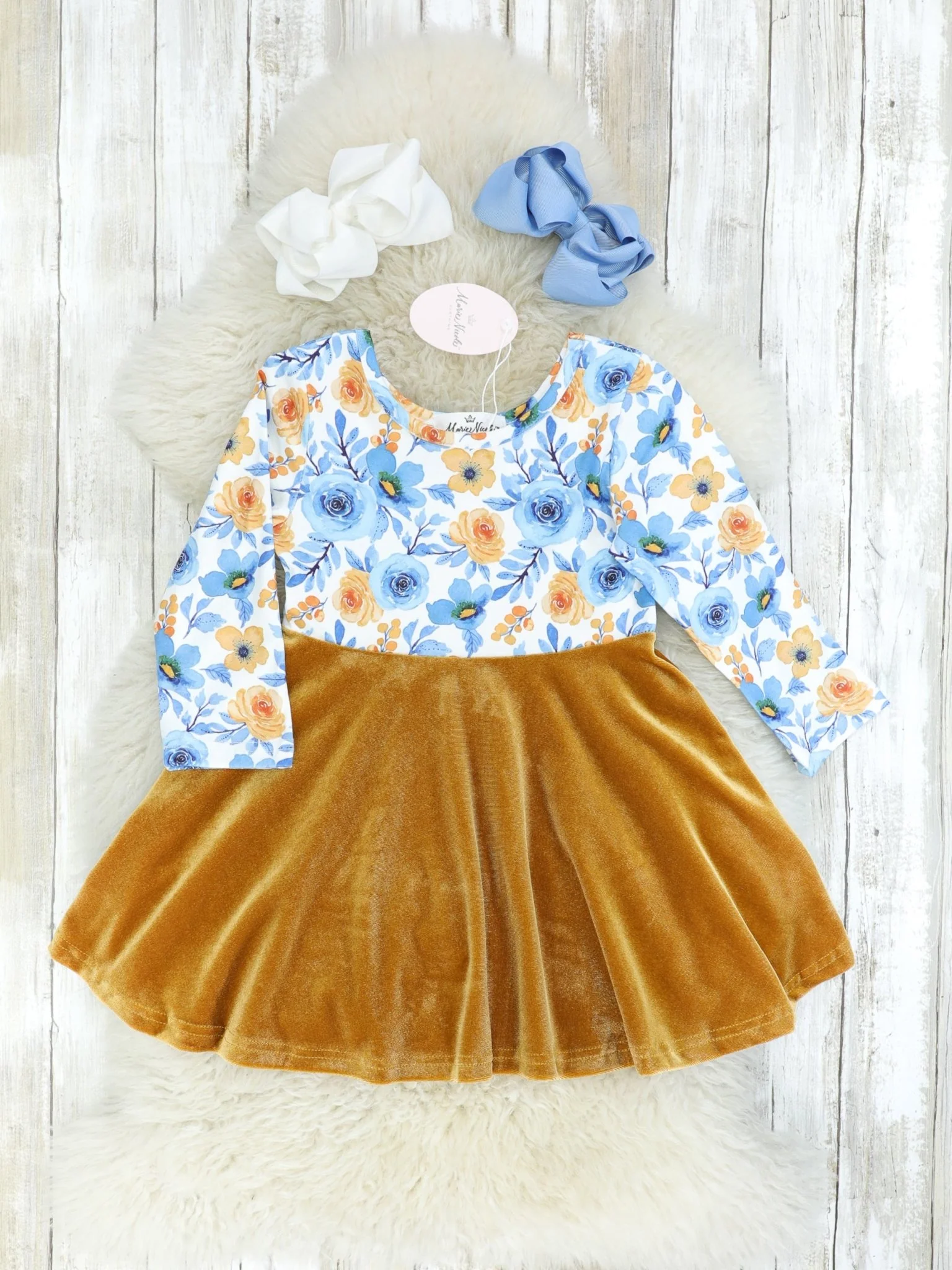 Golden Velvet & Blue Floral Swing Dress