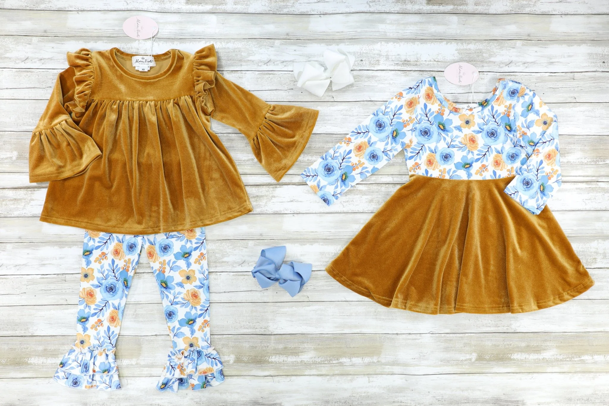 Golden Velvet & Blue Floral Swing Dress - Image 2