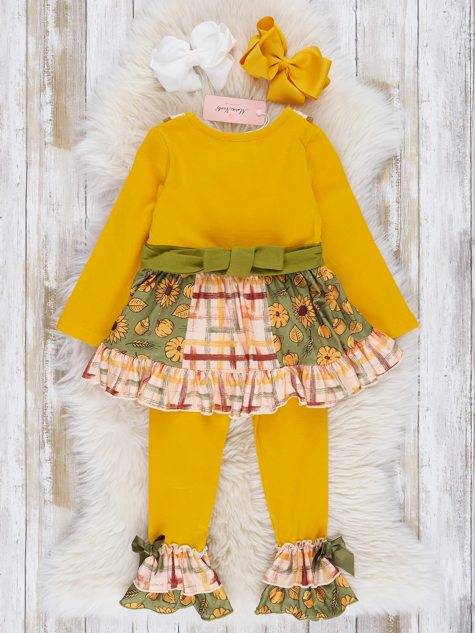 Goldenrod & Green Floral Plaid Ruffle Outfit - Image 3