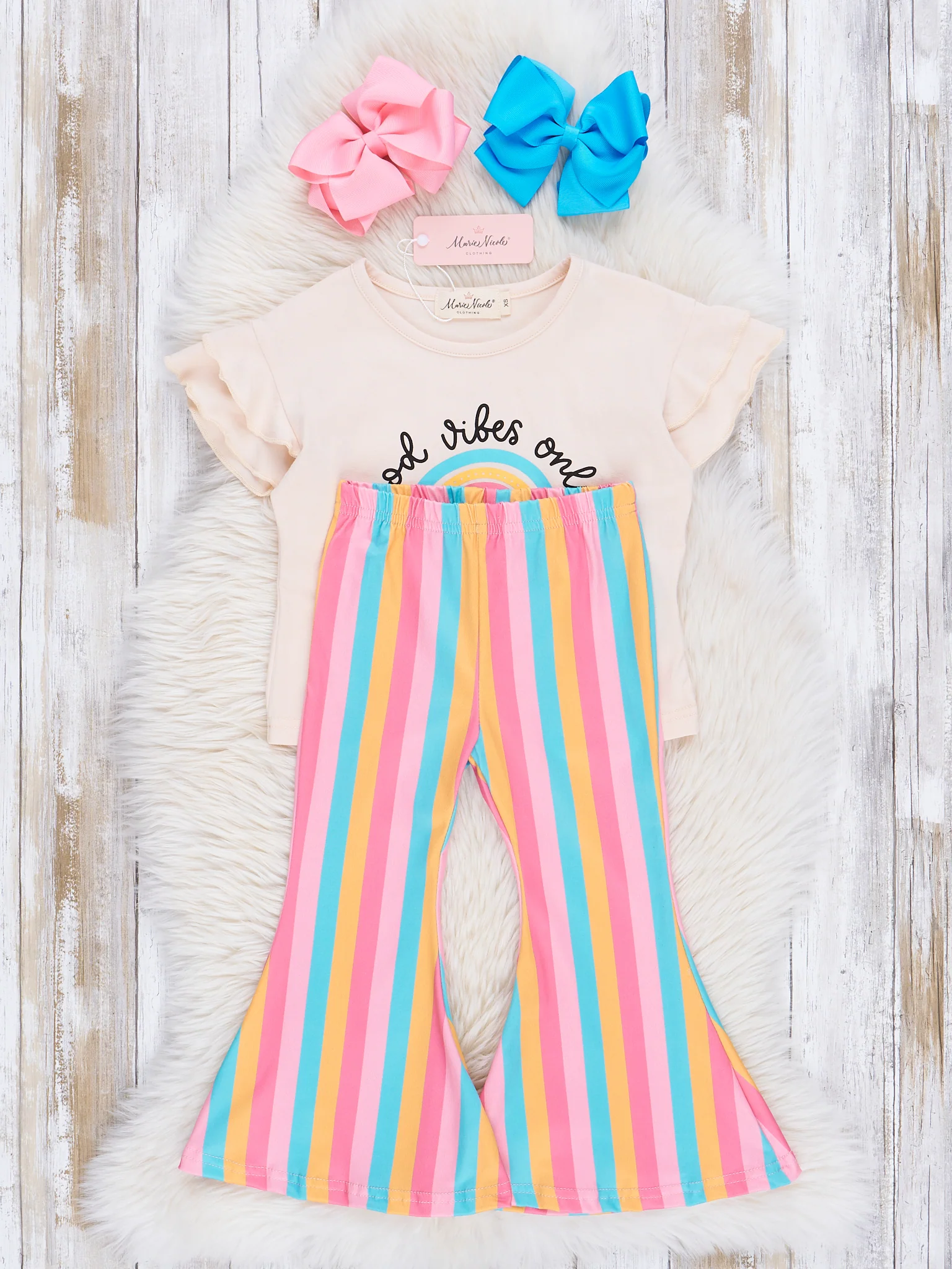 Good Vibes Only Rainbow Stripes Bell Bottoms Outfit - Image 2