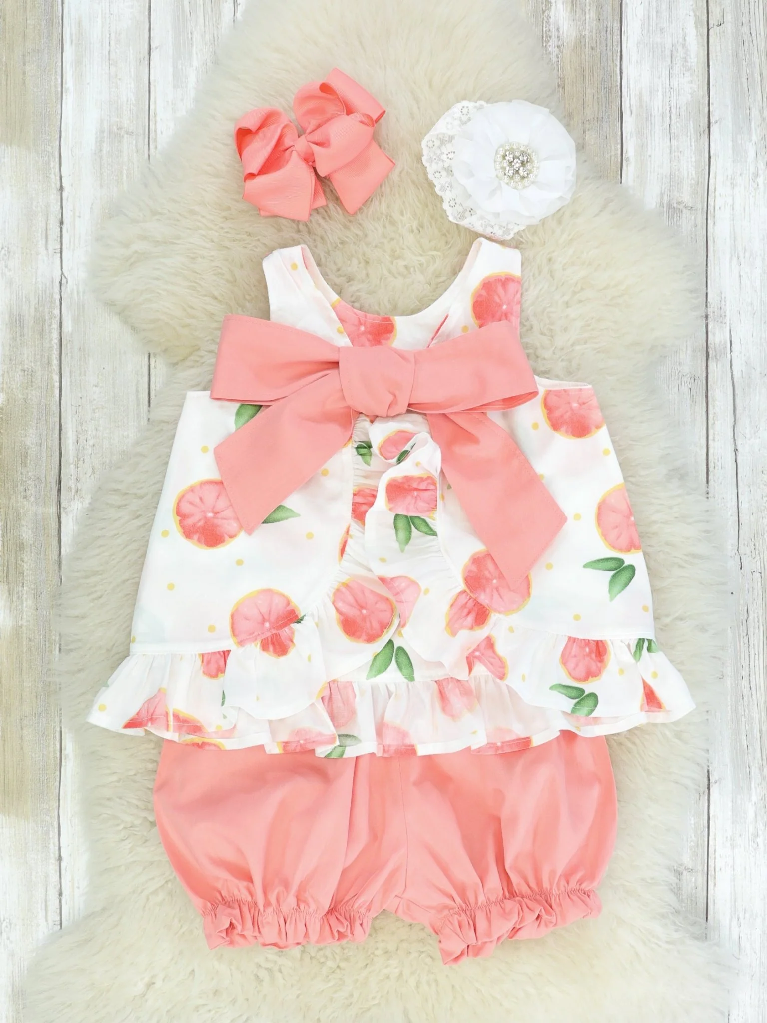 Grapefruit Ruffle Open-Back Bow Outfit