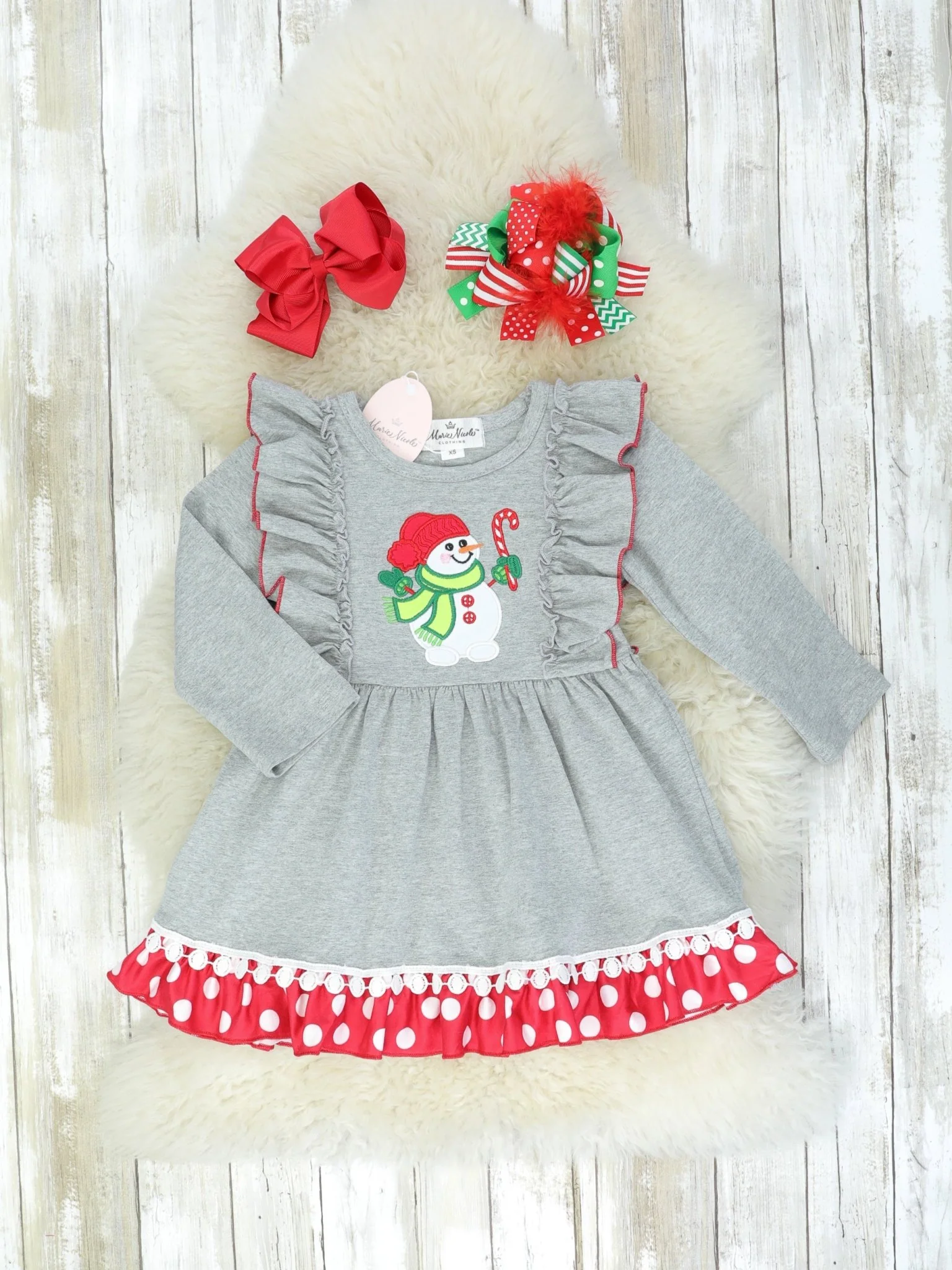 Grey Snowman Polka Dot Ruffle Dress