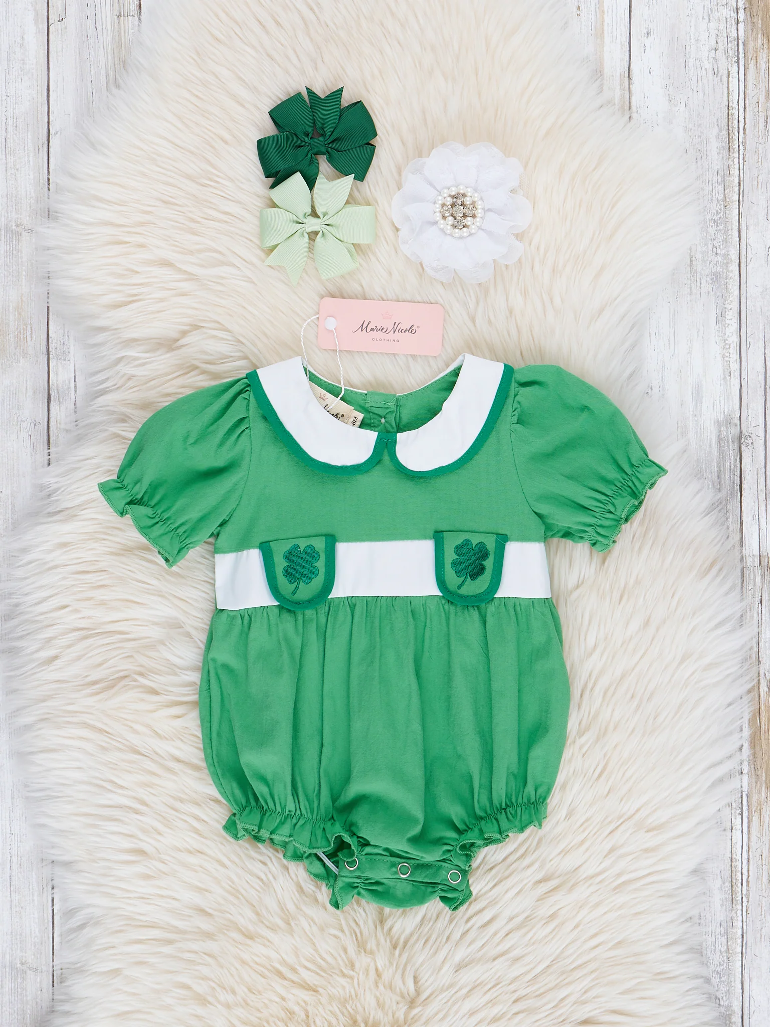 Green 4-Leaf Clover Smocked Bubble Romper