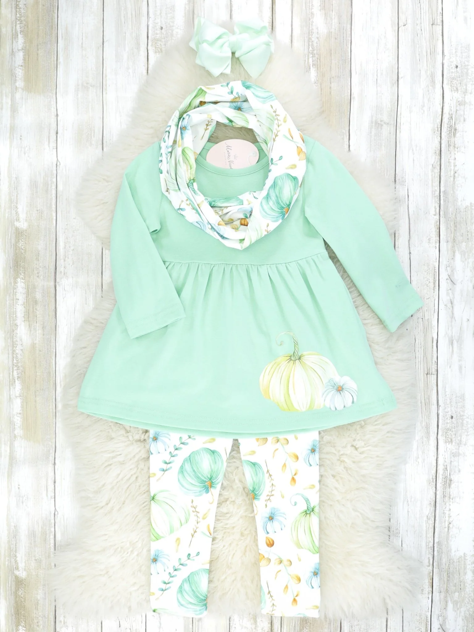 Green & Blue Pumpkin Peplum Top & Bottoms Outfit W/ Scarf