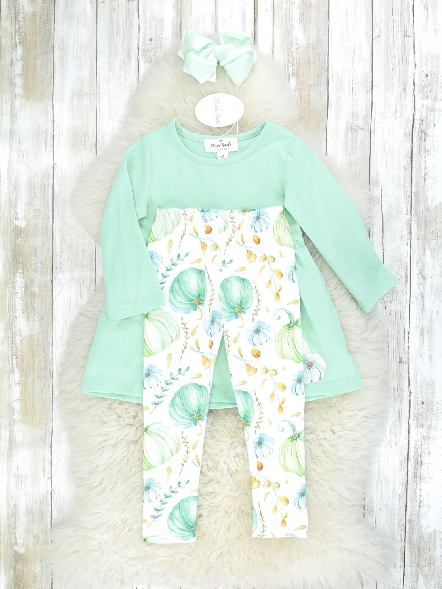 Green & Blue Pumpkin Peplum Top & Bottoms Outfit W/ Scarf - Image 2