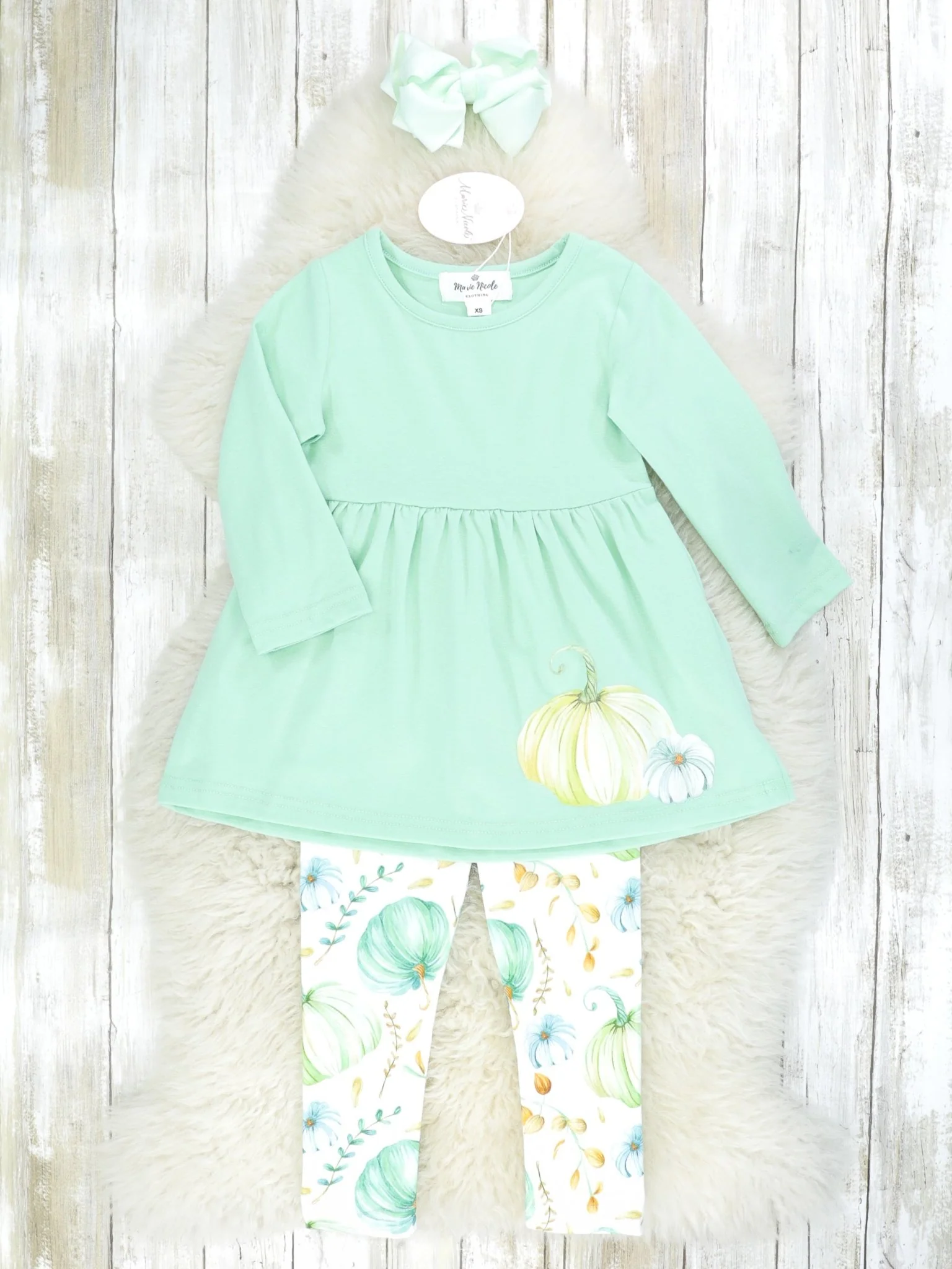 Green & Blue Pumpkin Peplum Top & Bottoms Outfit W/ Scarf - Image 3
