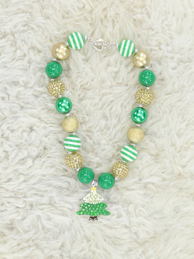 Green & Gold Christmas Tree Bubblegum Necklace