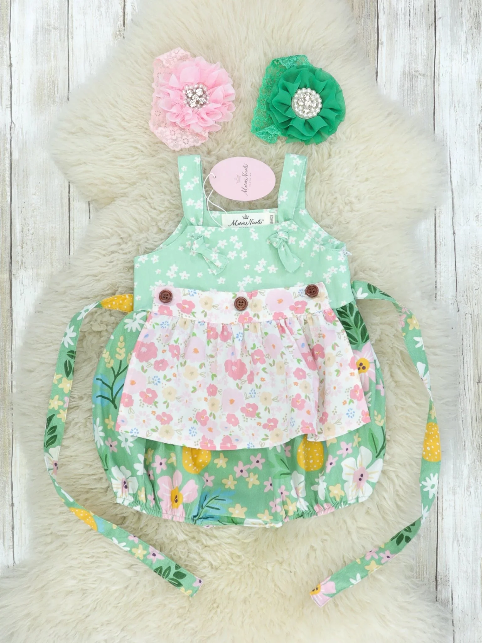Green & Pink Floral Apron Romper