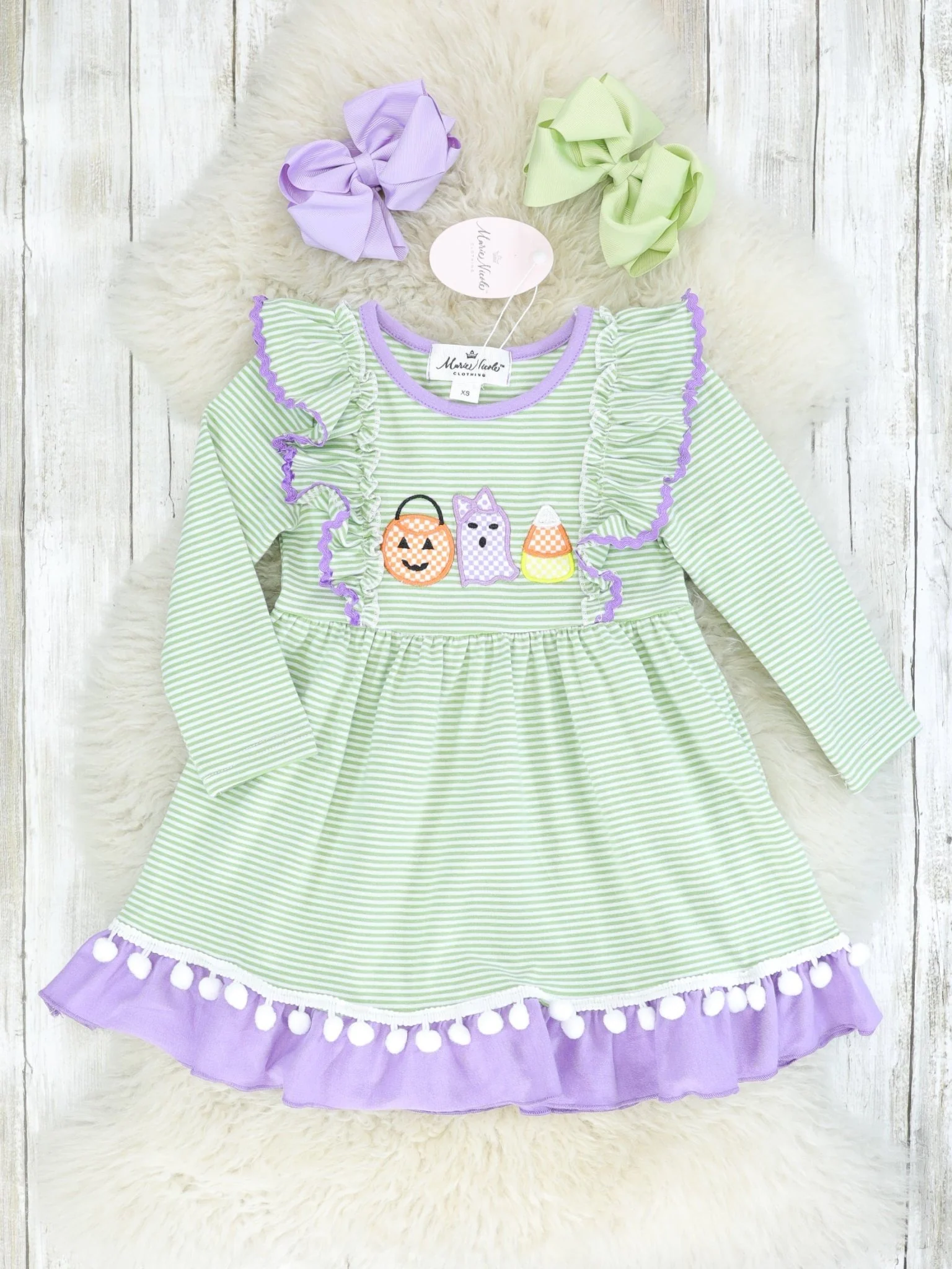 Green & Purple Halloween Pom Pom Dress