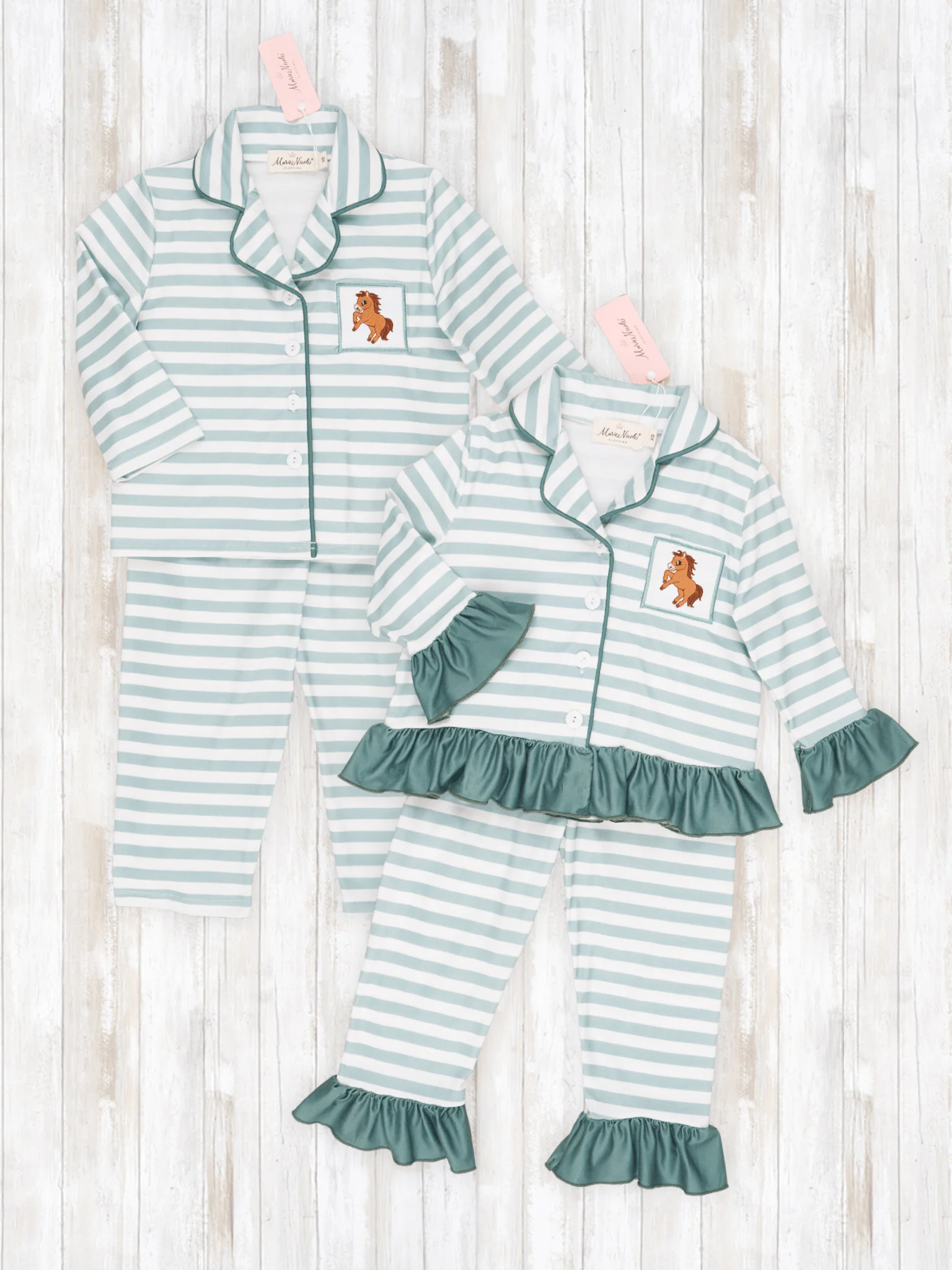 Green & White Stripe Embroidered Horse Pajamas - Boys & Girls