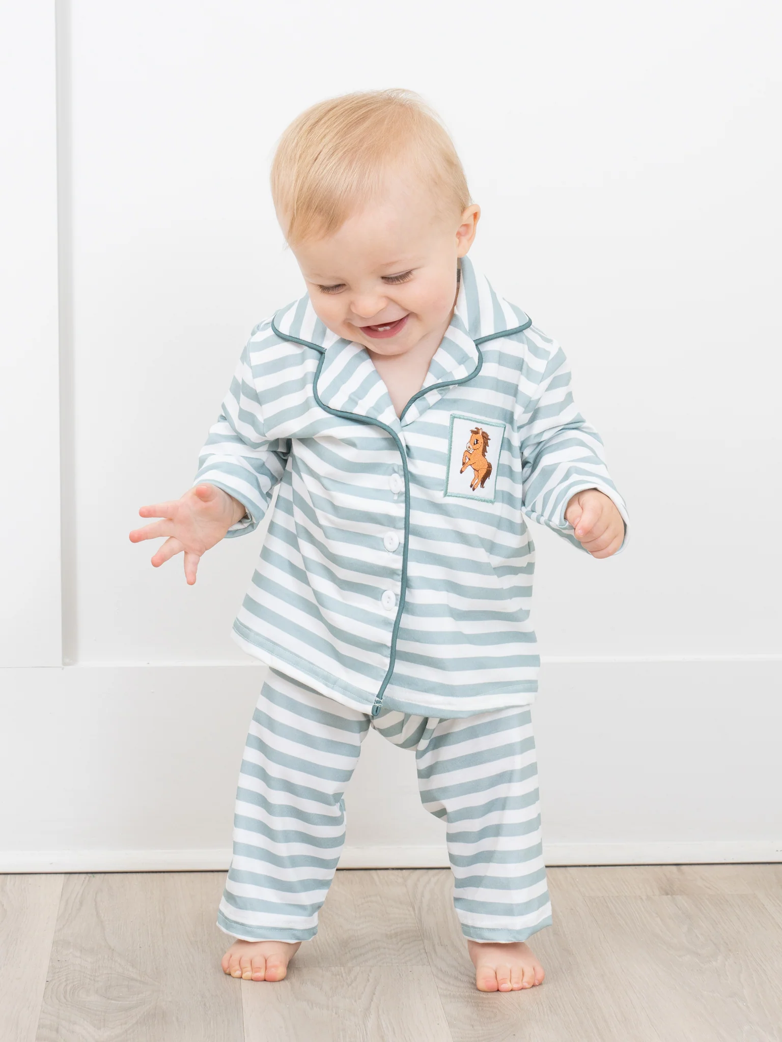 Green & White Stripe Embroidered Horse Pajamas - Boys & Girls - Image 2