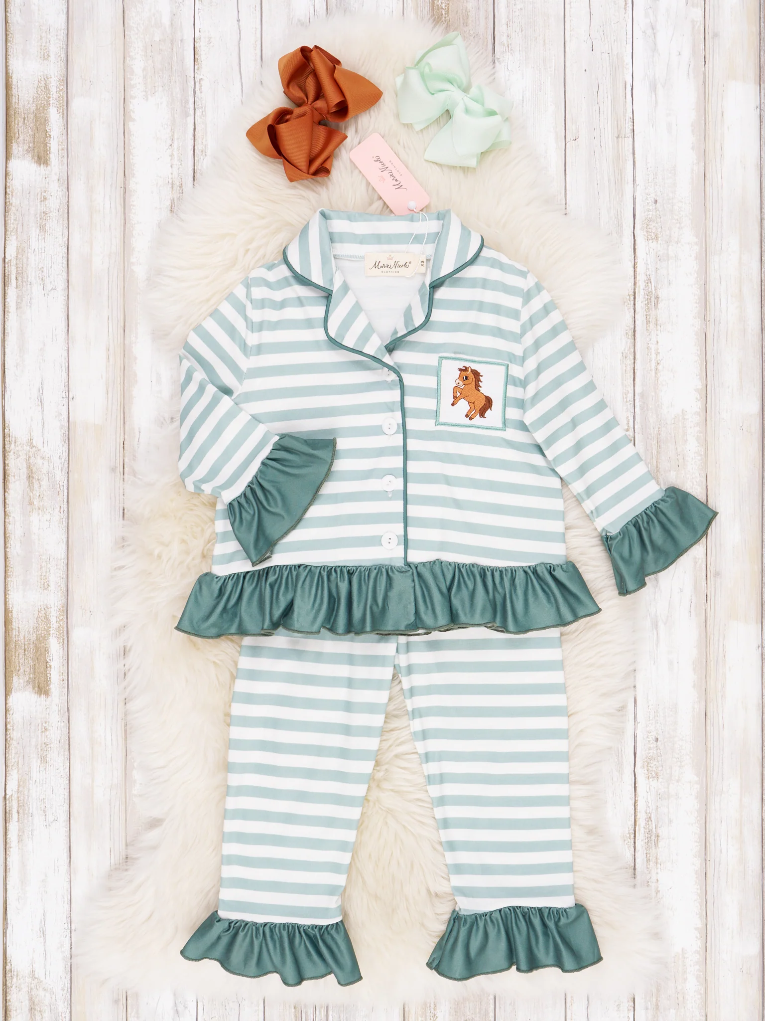 Green & White Stripe Embroidered Horse Pajamas - Boys & Girls - Image 3