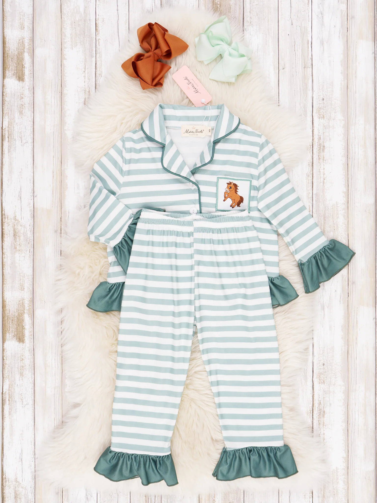 Green & White Stripe Embroidered Horse Pajamas - Boys & Girls - Image 4