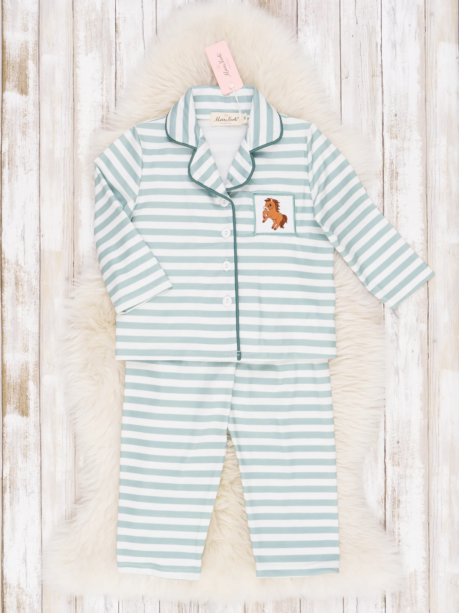 Green & White Stripe Embroidered Horse Pajamas - Boys & Girls - Image 5