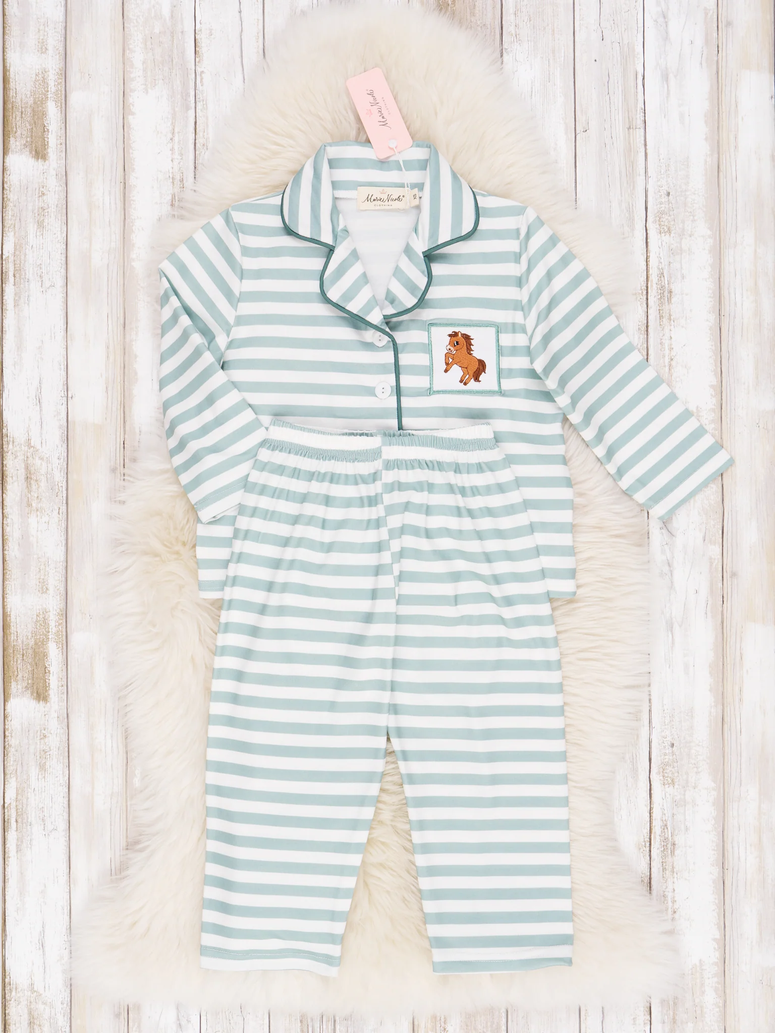 Green & White Stripe Embroidered Horse Pajamas - Boys & Girls - Image 6