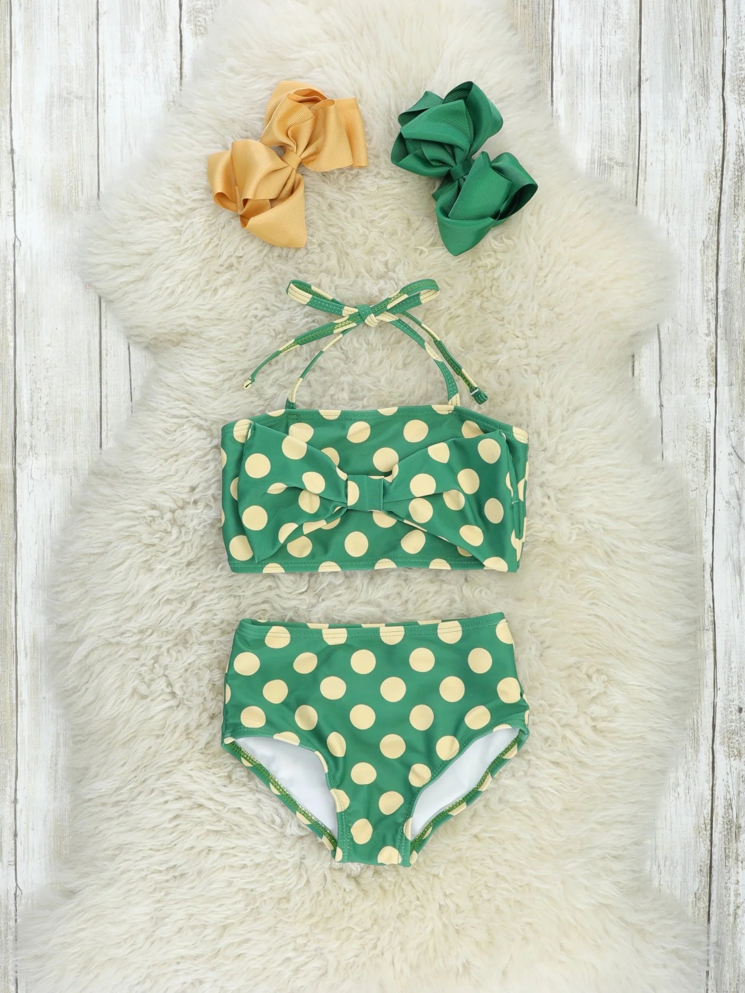 Green & Yellow Polka Dot Bow Bikini