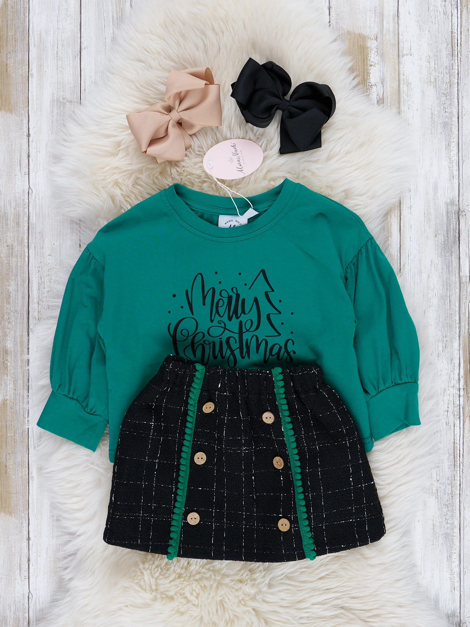 Green & Black Christmas Boucle Skirt Outfit - Image 3
