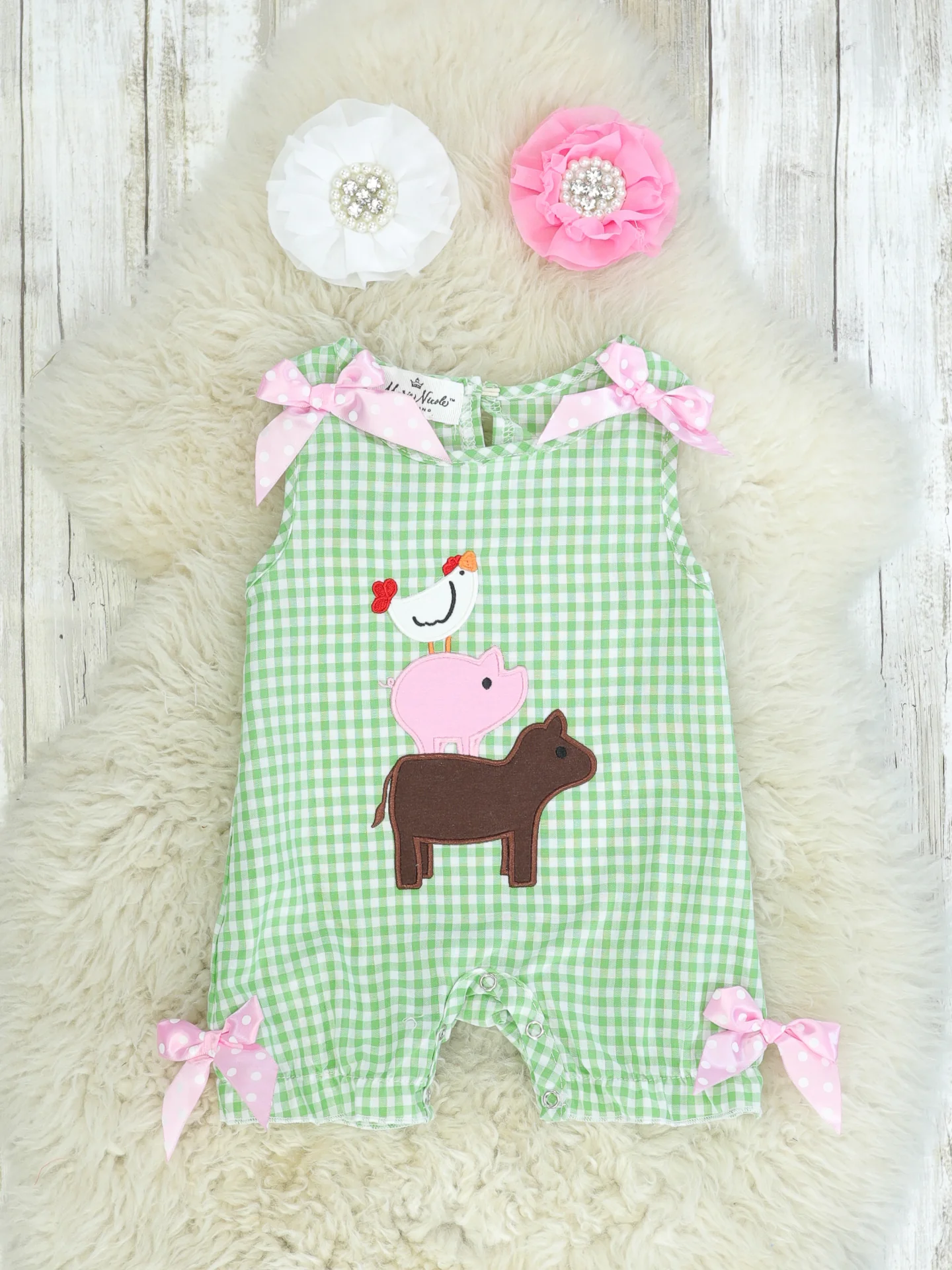 Green Check Farm Animal Romper