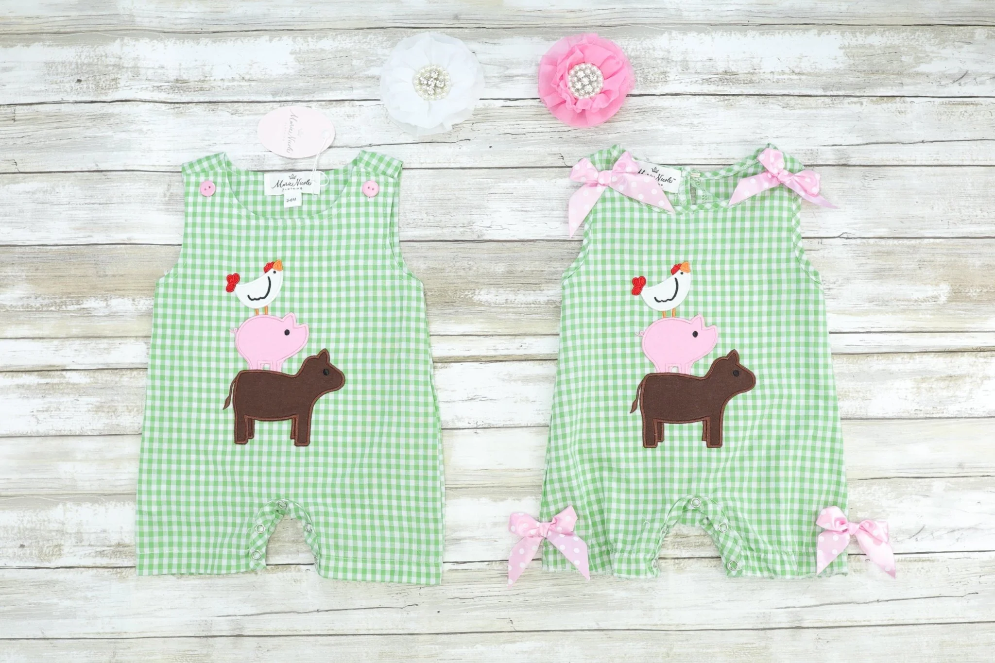 Green Check Farm Animal Romper - Image 2