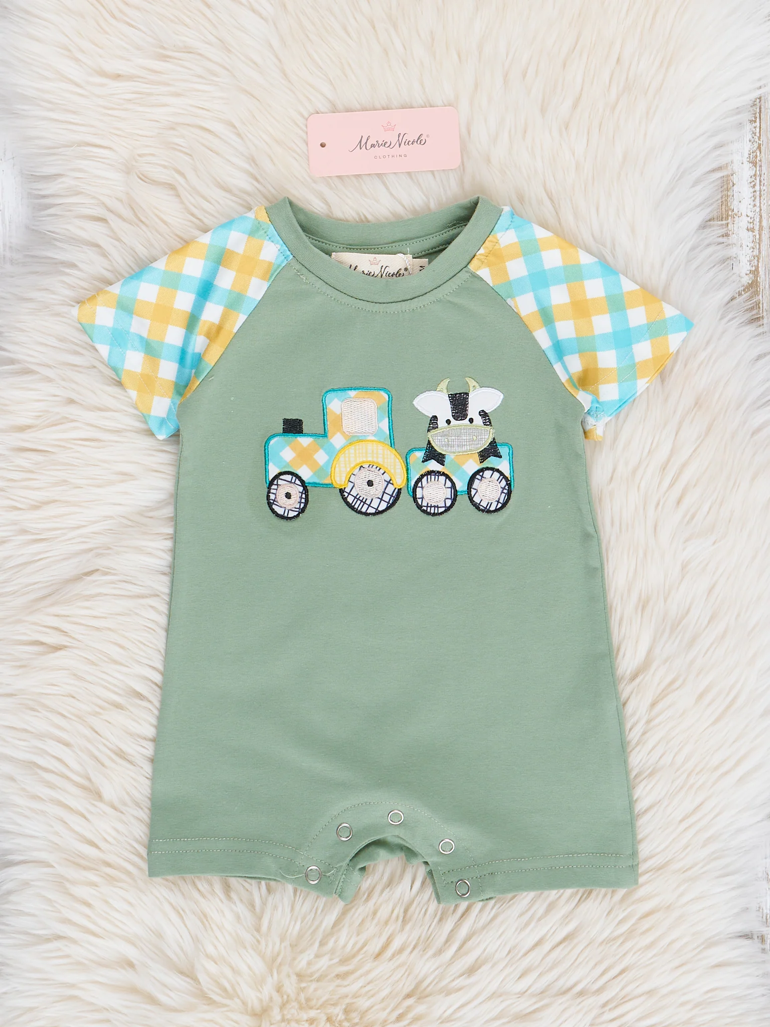 Green Embroidered Cow Train Romper - Image 2