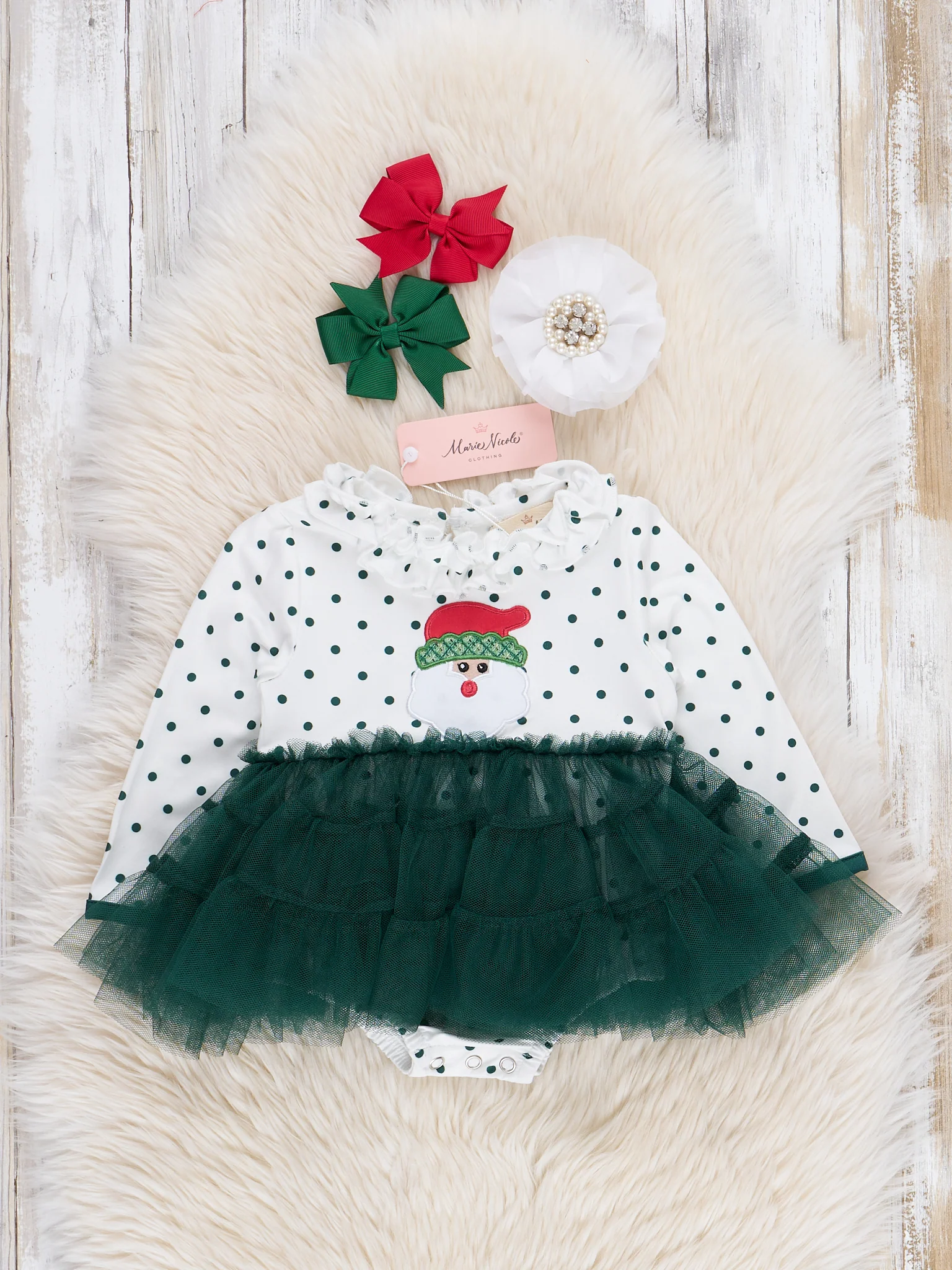 Green Embroidered Santa Tulle Bubble Romper