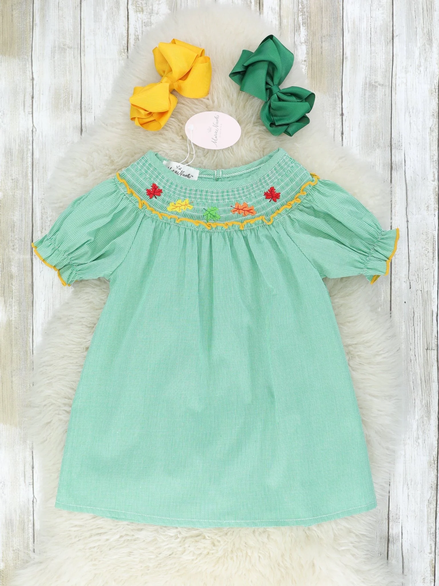 Green Fall Leaves Smocked Dress