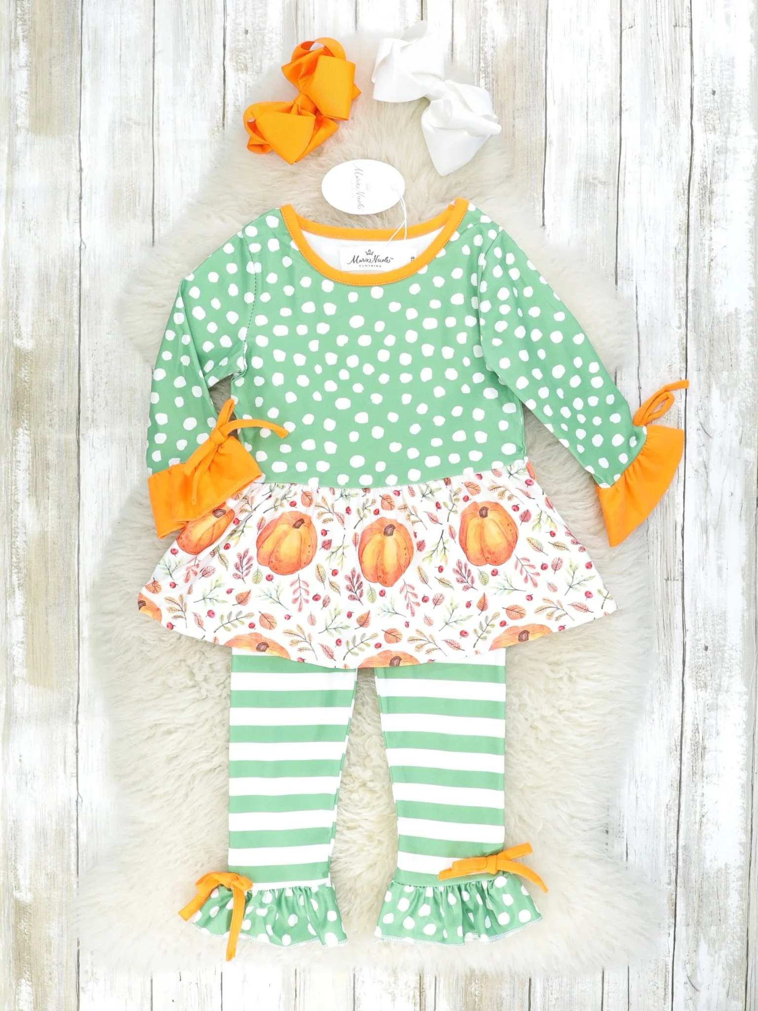 Green Floral Pumpkin Top & Striped Ruffle Bottoms Outfit