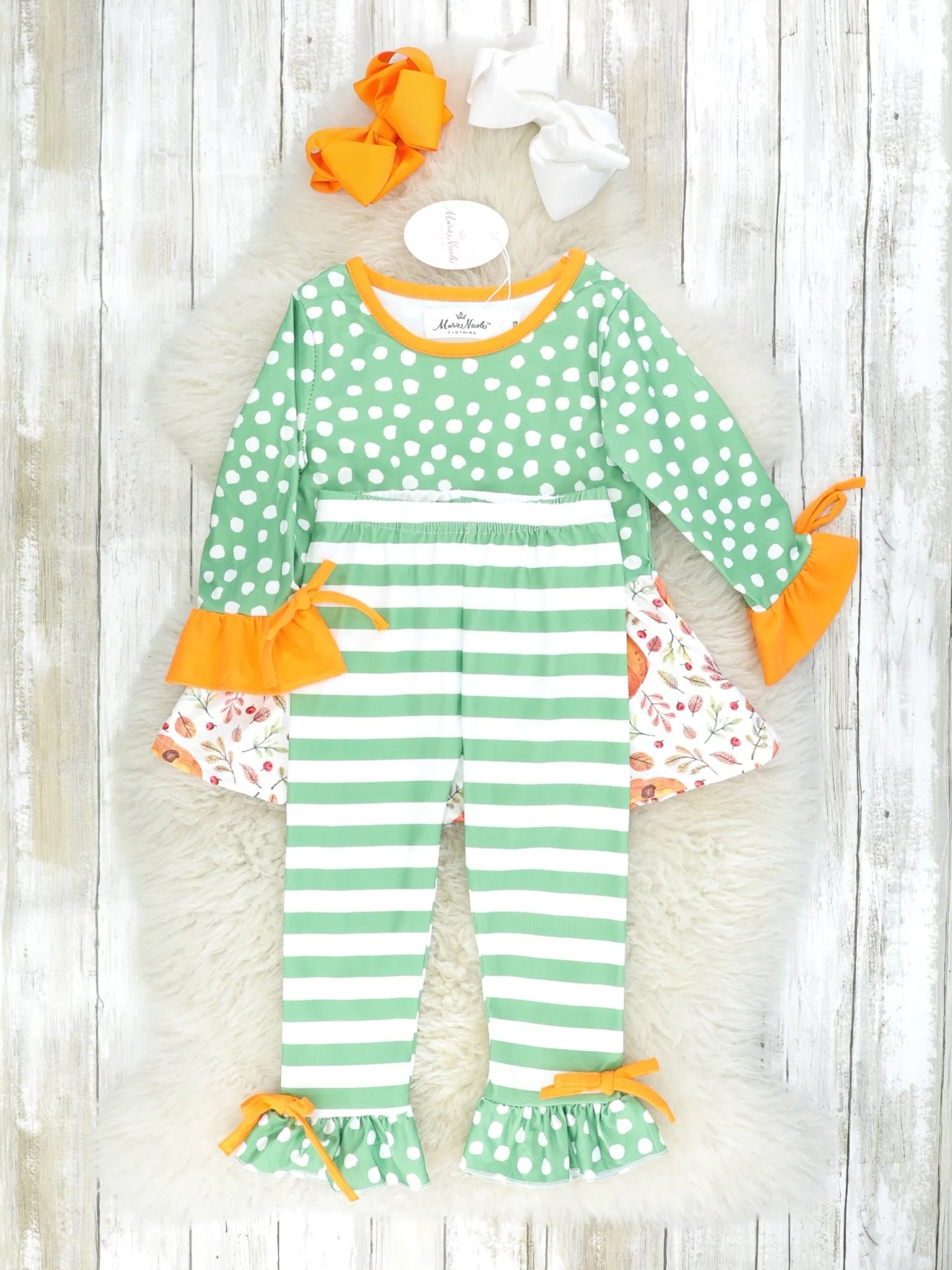 Green Floral Pumpkin Top & Striped Ruffle Bottoms Outfit - Image 2