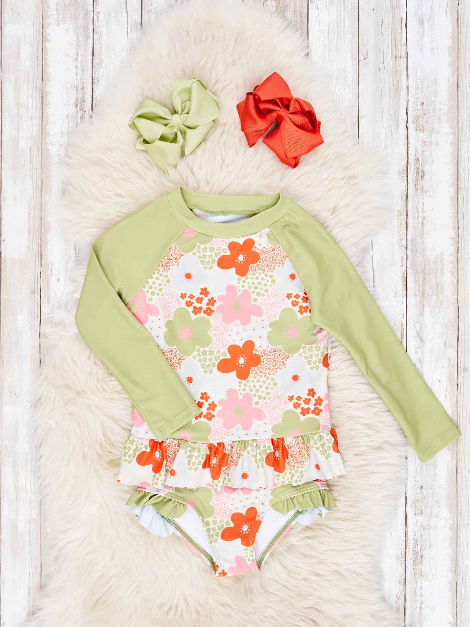 Green Floral Ruffle Rash Guard Swimsuit