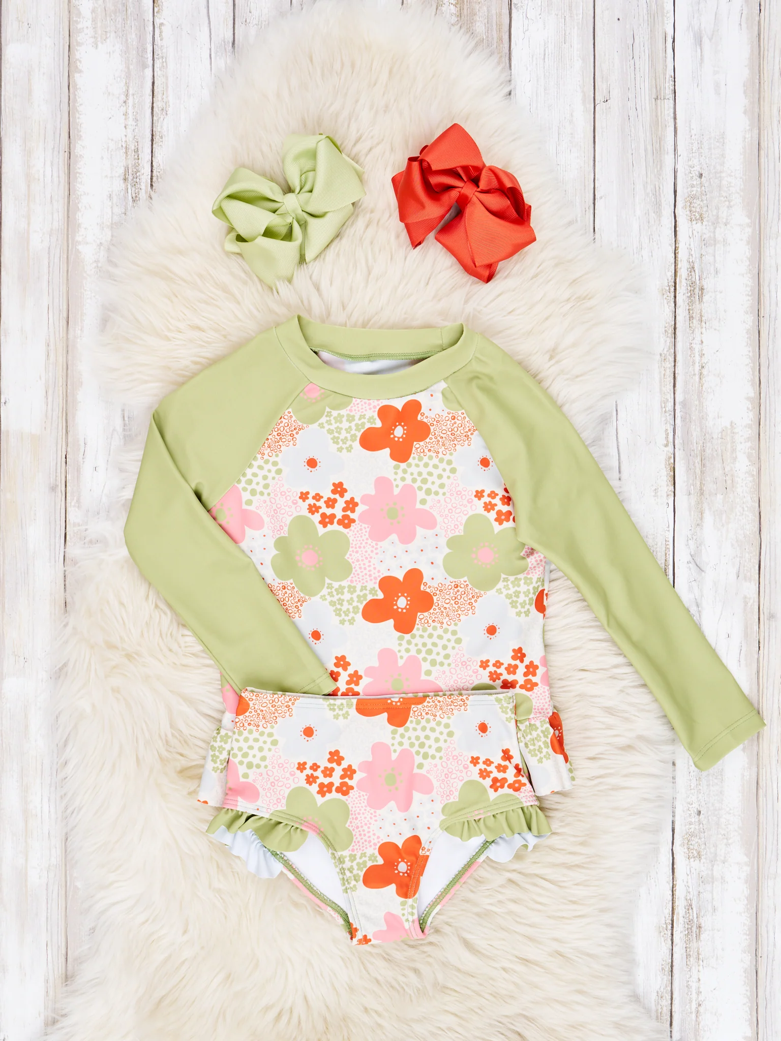 Green Floral Ruffle Rash Guard Swimsuit - Image 2
