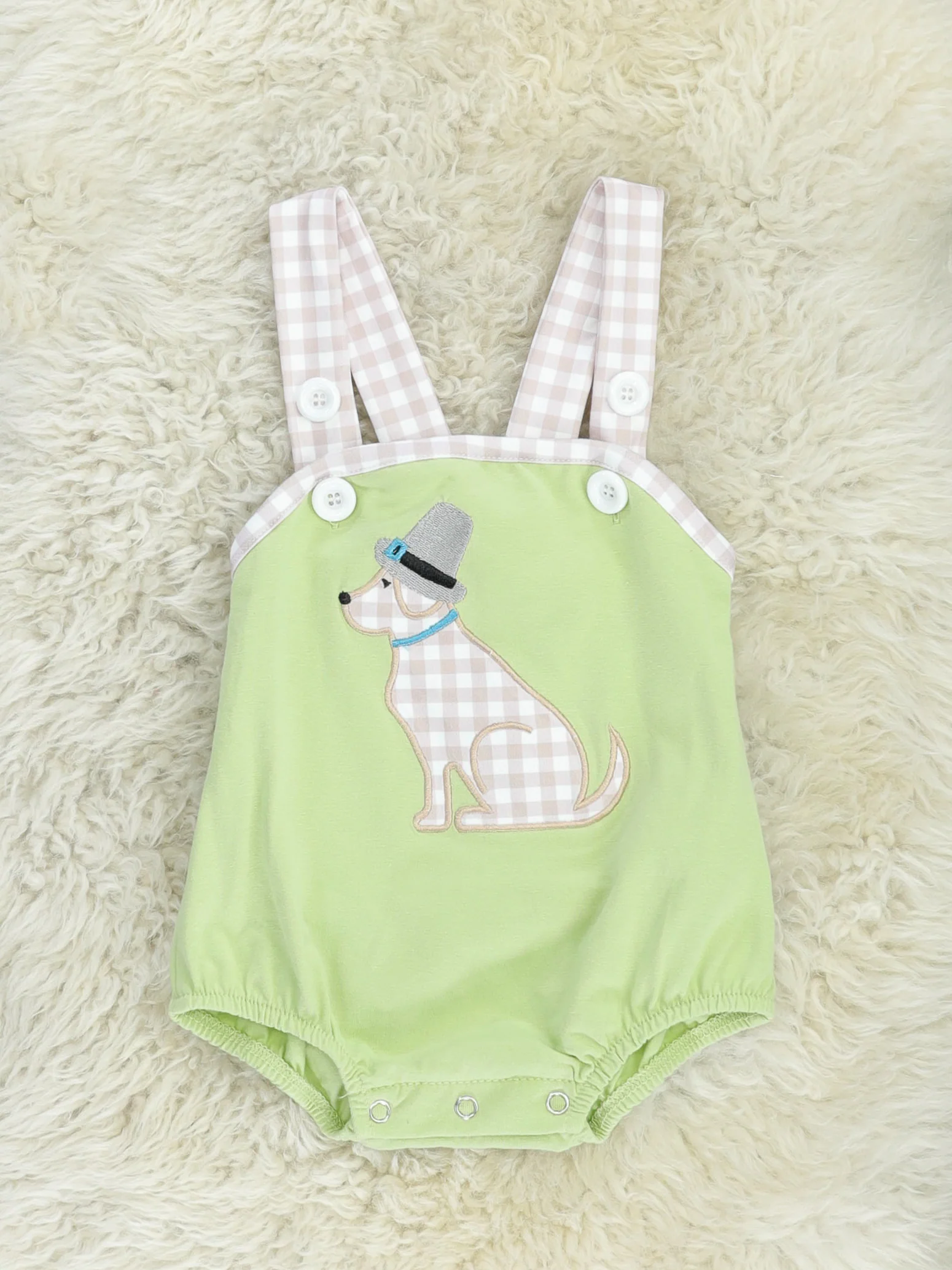 Green Gingham Dog Romper