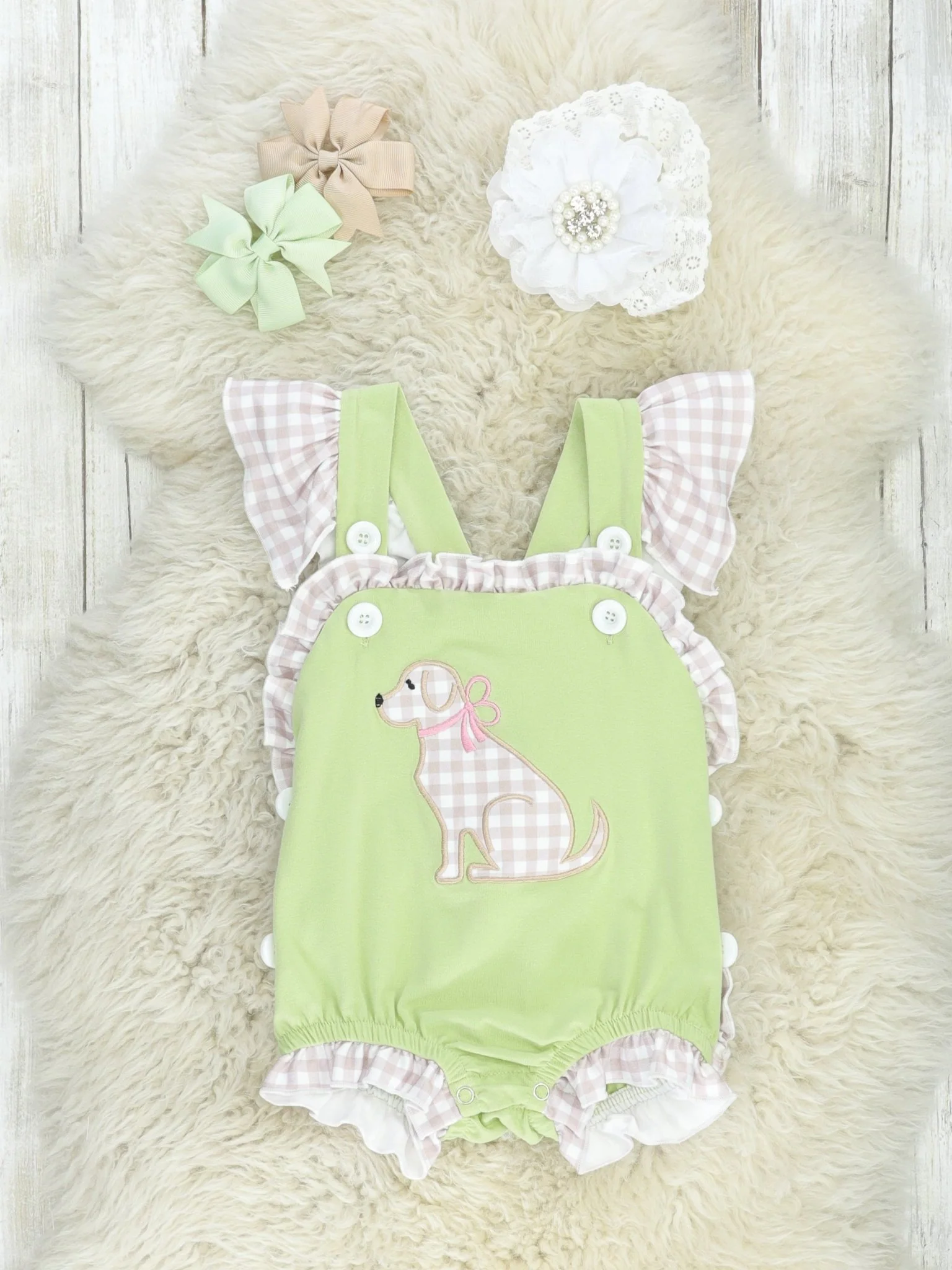 Green Gingham Dog Ruffle Bubble Romper