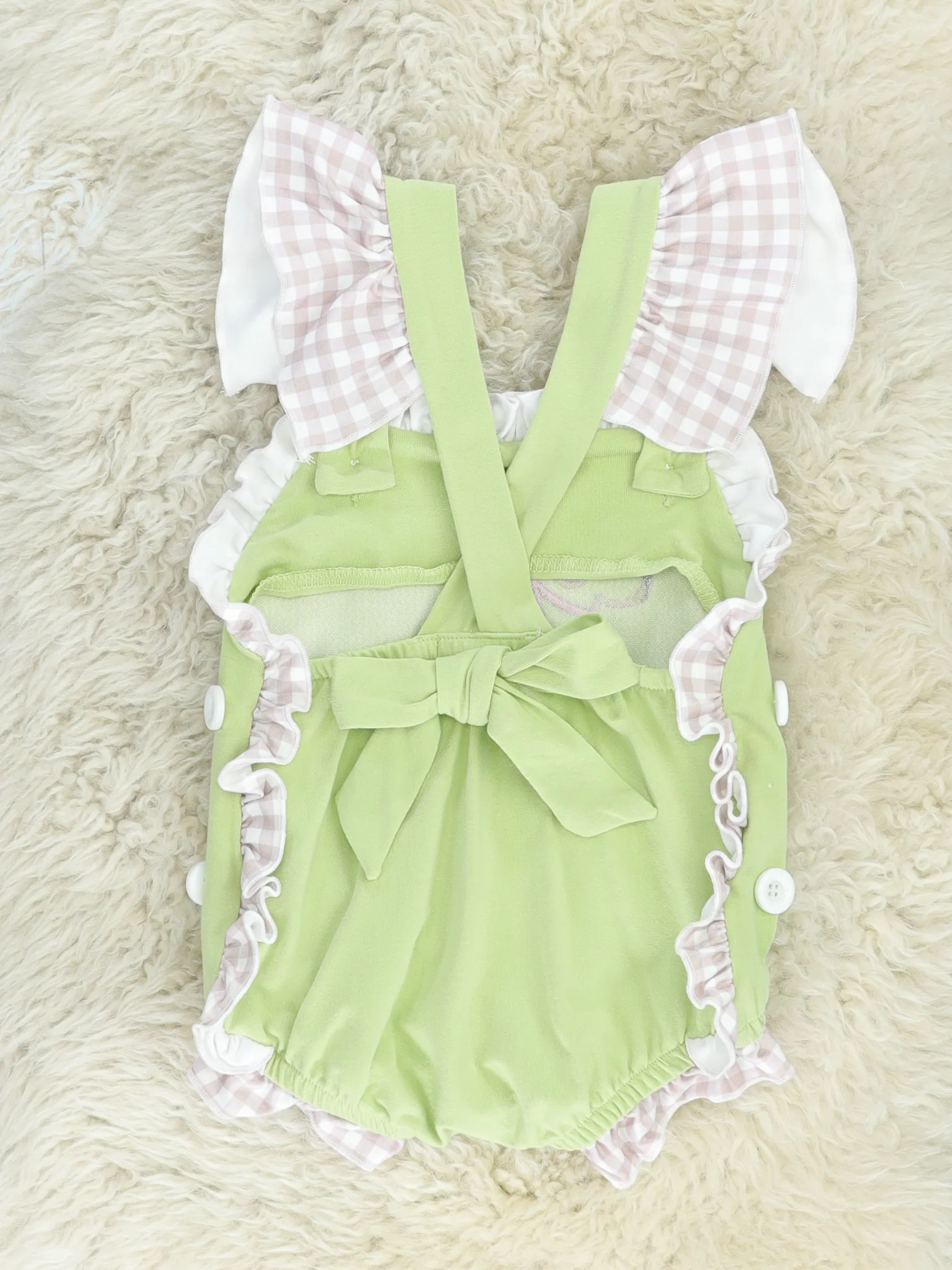 Green Gingham Dog Ruffle Bubble Romper - Image 2
