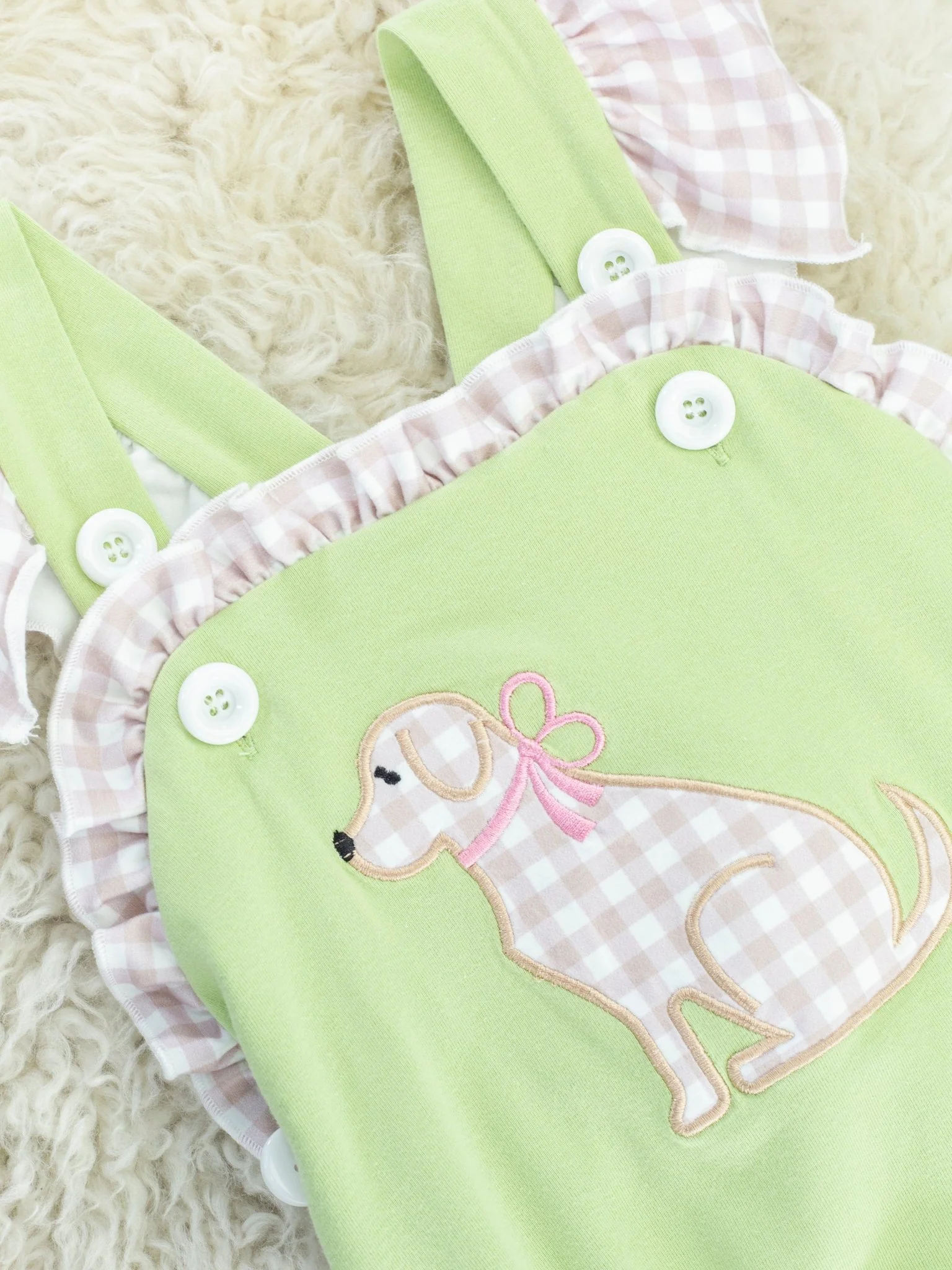Green Gingham Dog Ruffle Bubble Romper - Image 3