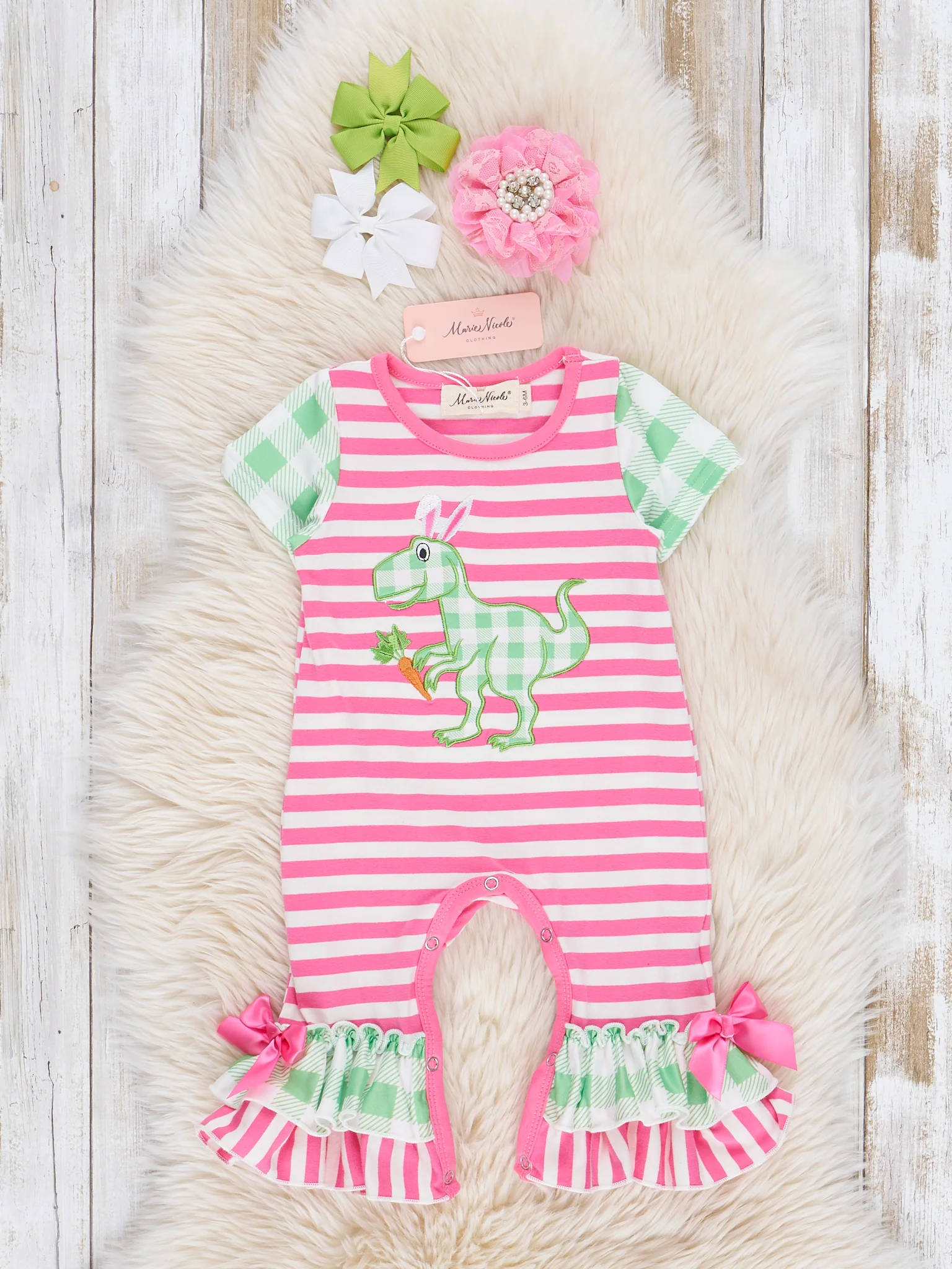 Pink & Green Gingham Embroidered T-Rex Ruffle Romper