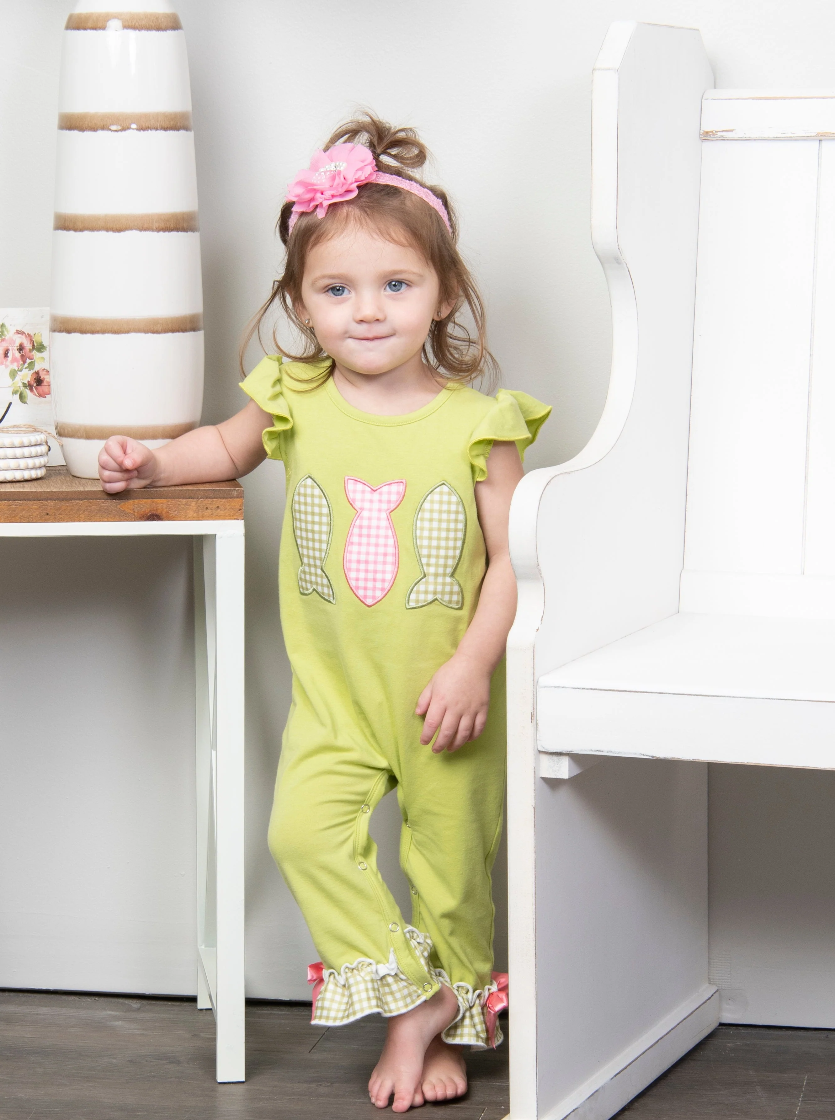 Green Gingham Fish Ruffle Romper