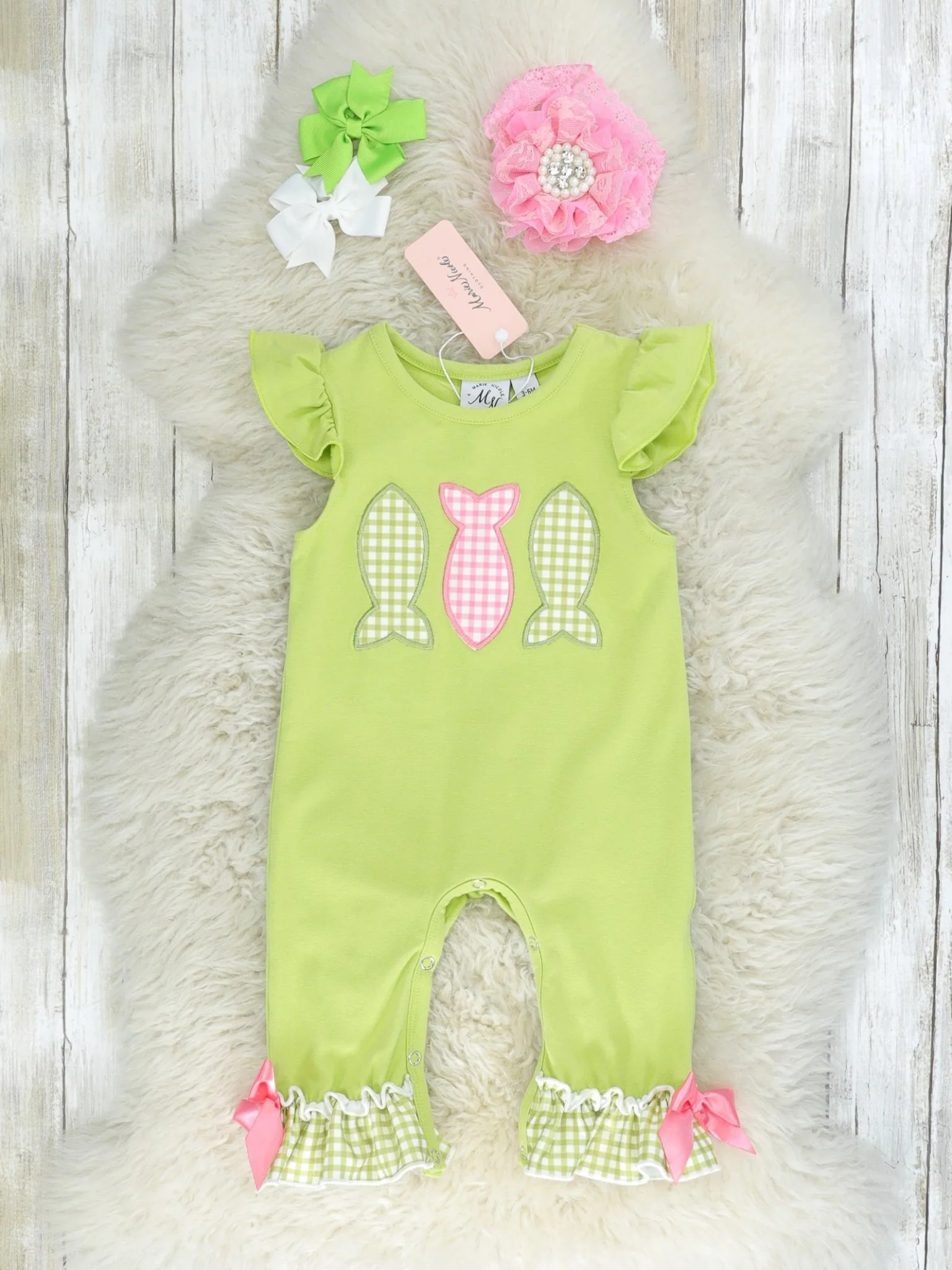 Green Gingham Fish Ruffle Romper - Image 2
