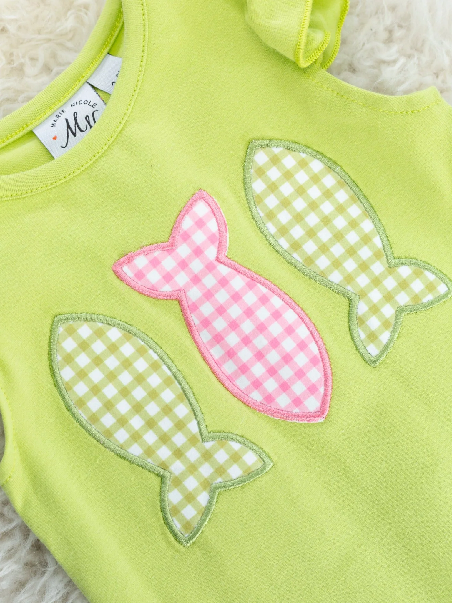 Green Gingham Fish Ruffle Romper - Image 3