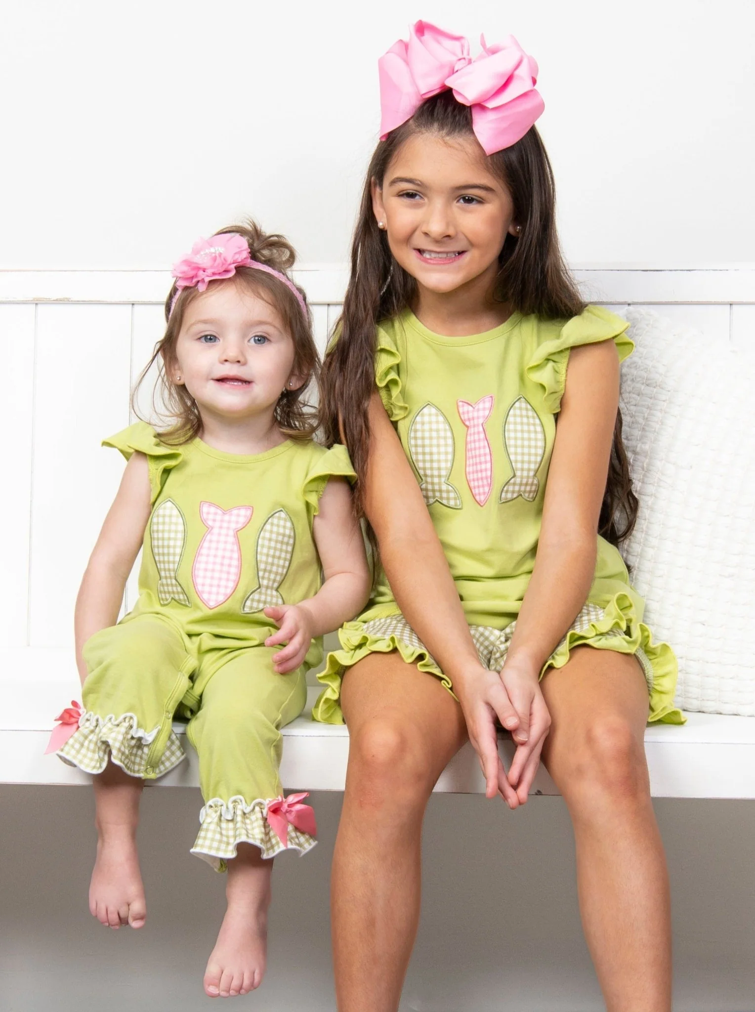 Green Gingham Fish Ruffle Romper - Image 4