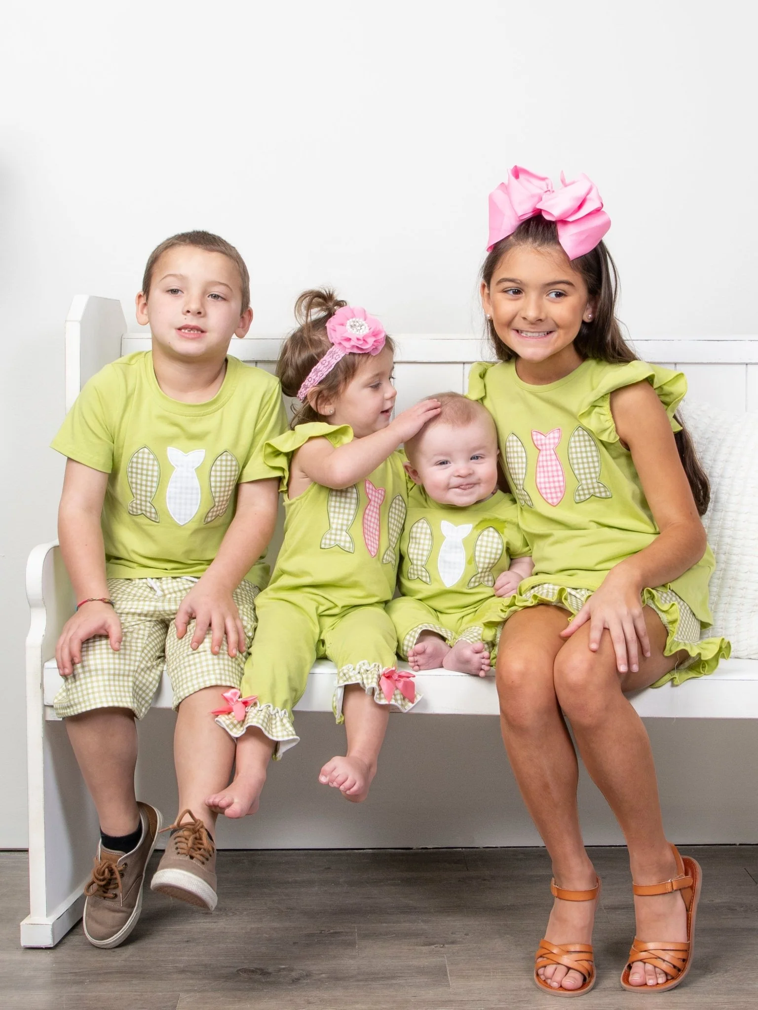 Green Gingham Fish Ruffle Romper - Image 5
