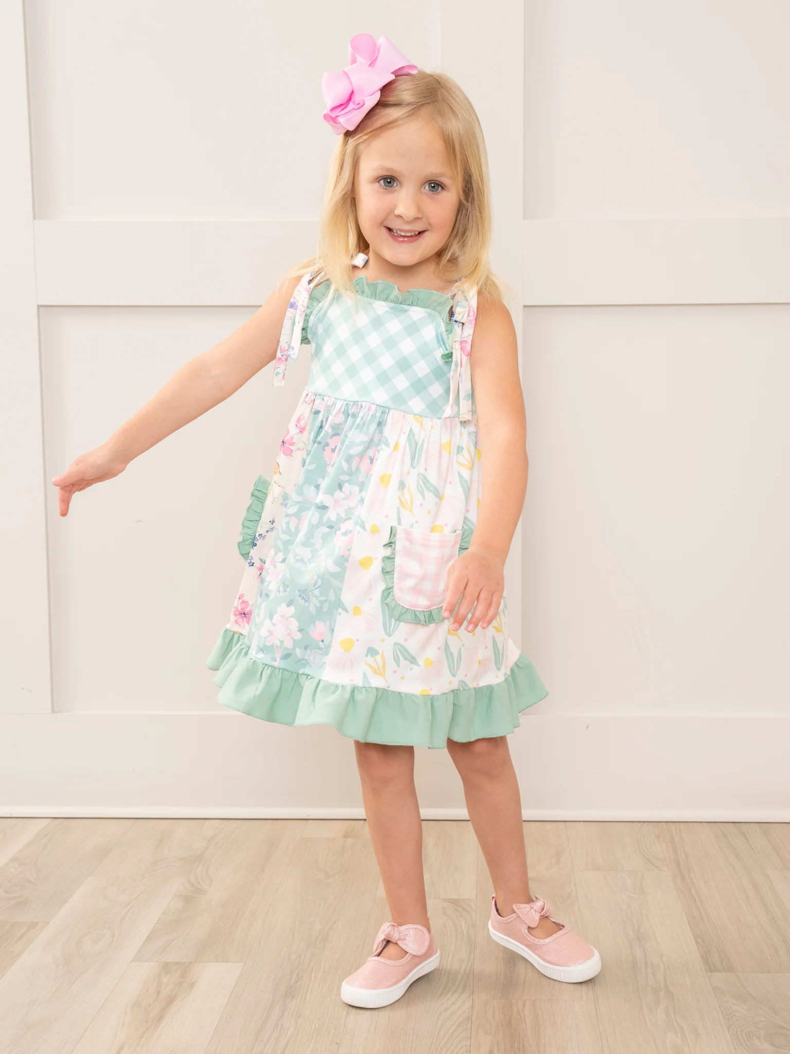 Pink & Green Gingham Garden Ruffle Dress - Image 3