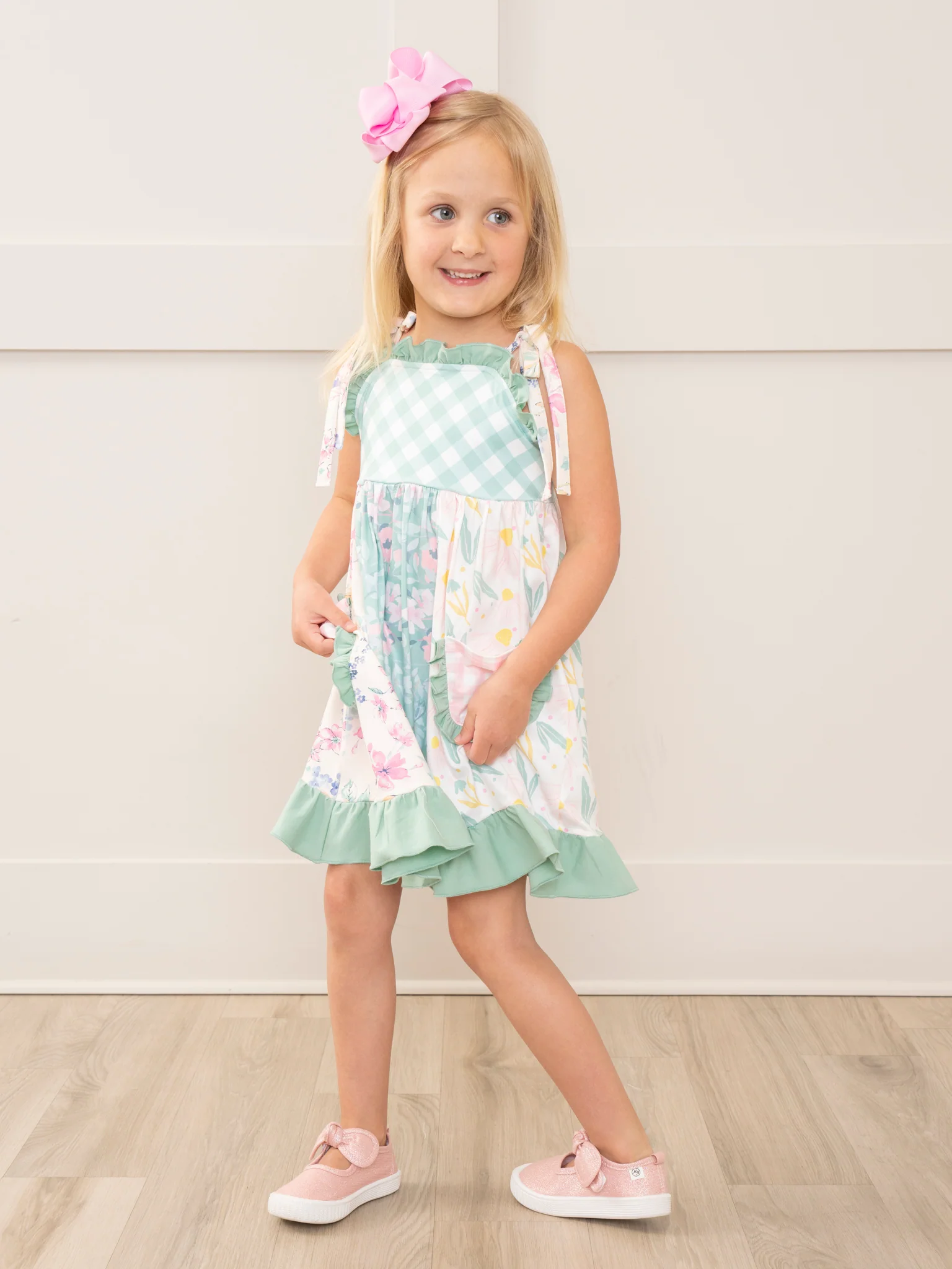 Pink & Green Gingham Garden Ruffle Dress - Image 4