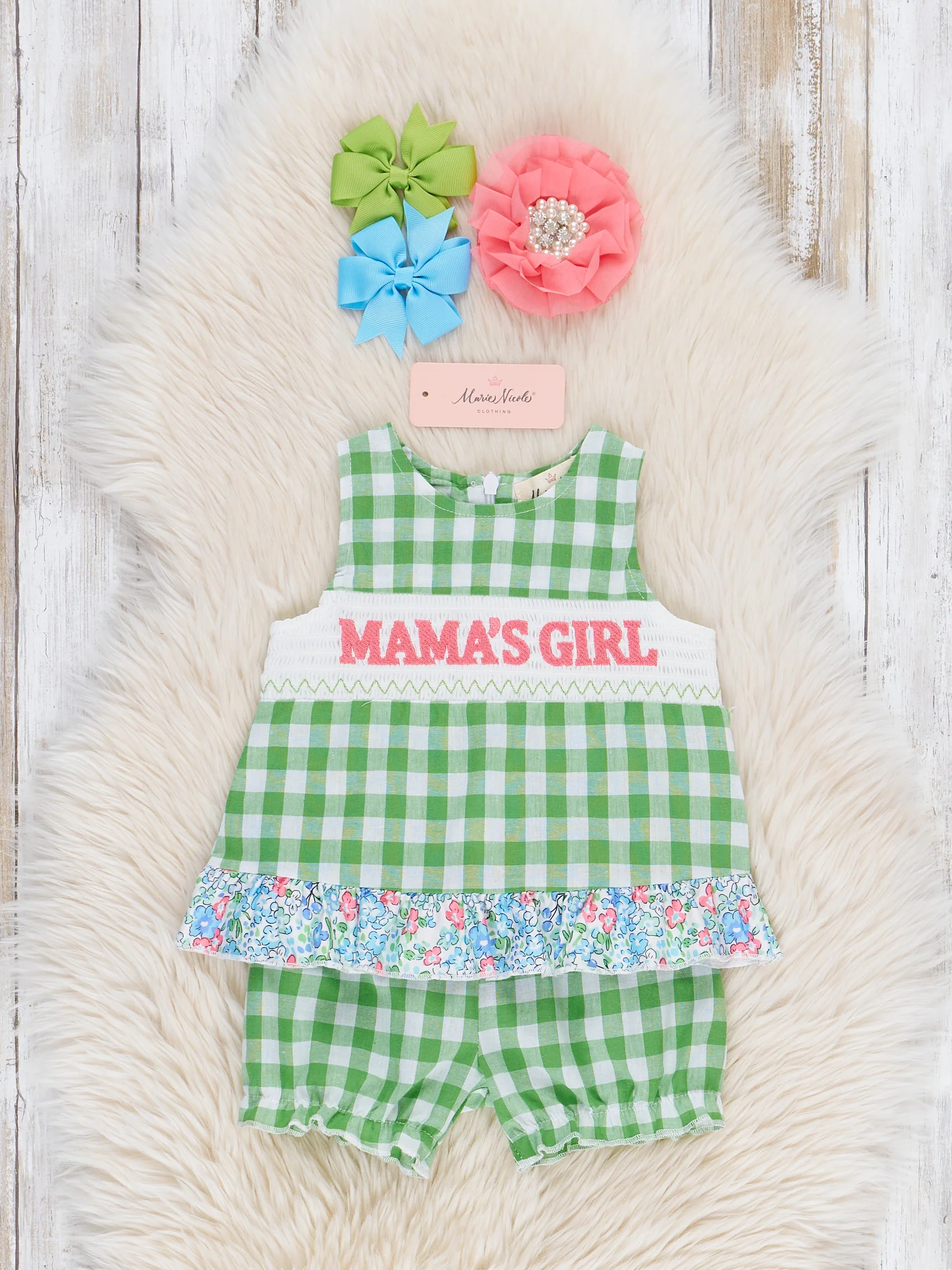 Green Gingham Mama's Girl Smocked Bloomers Outfit