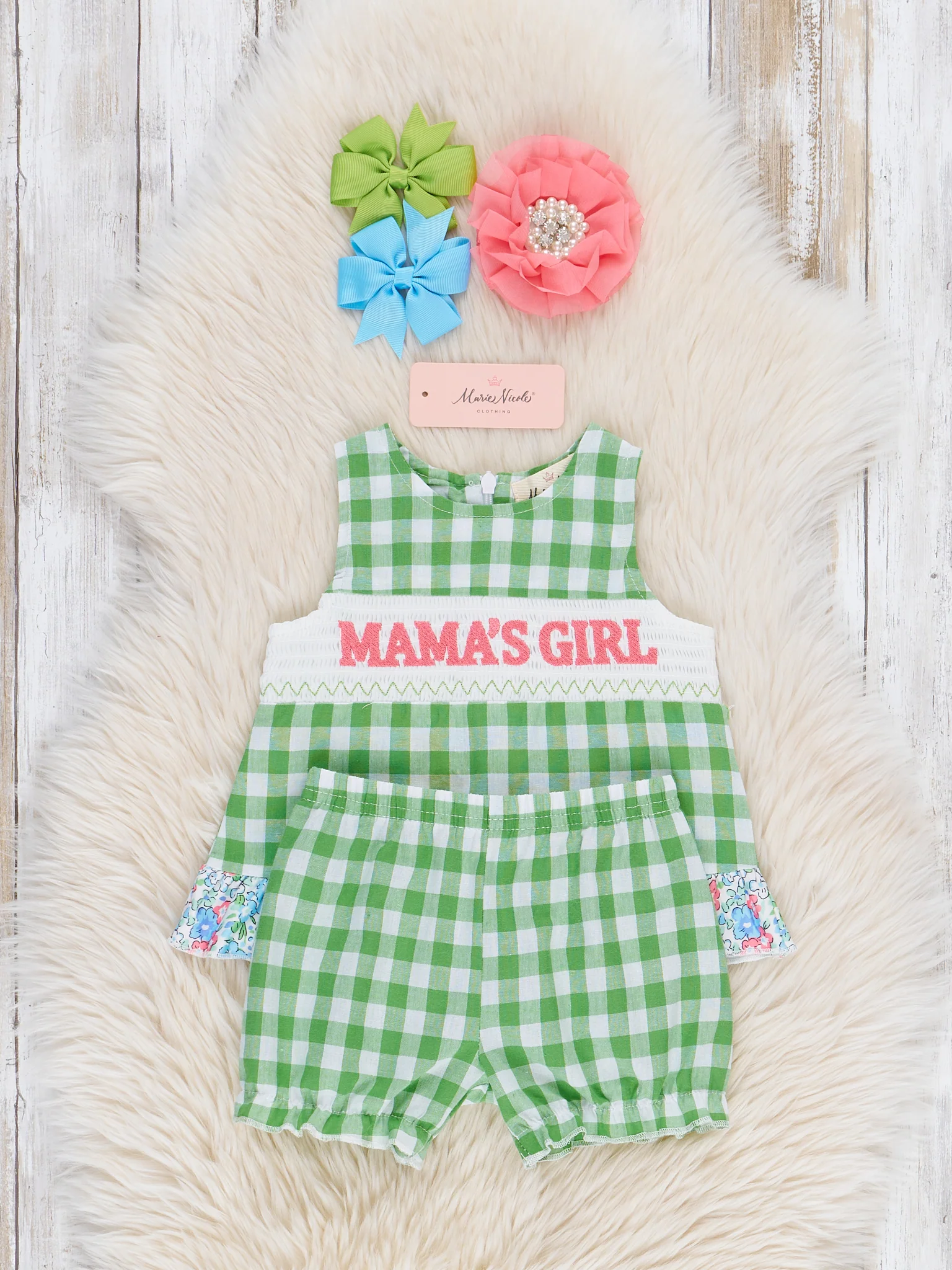 Green Gingham Mama's Girl Smocked Bloomers Outfit - Image 2